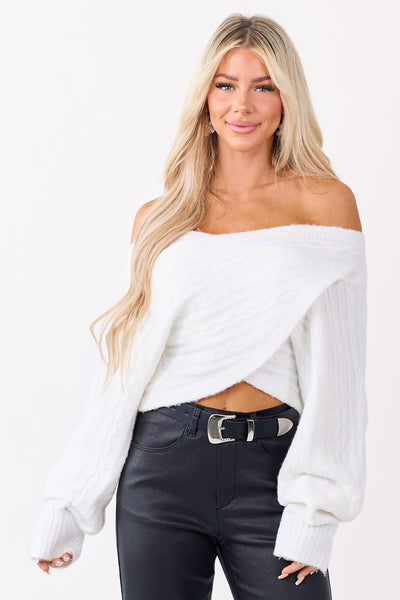 White Cable Knit Cropped Wrap Sweater