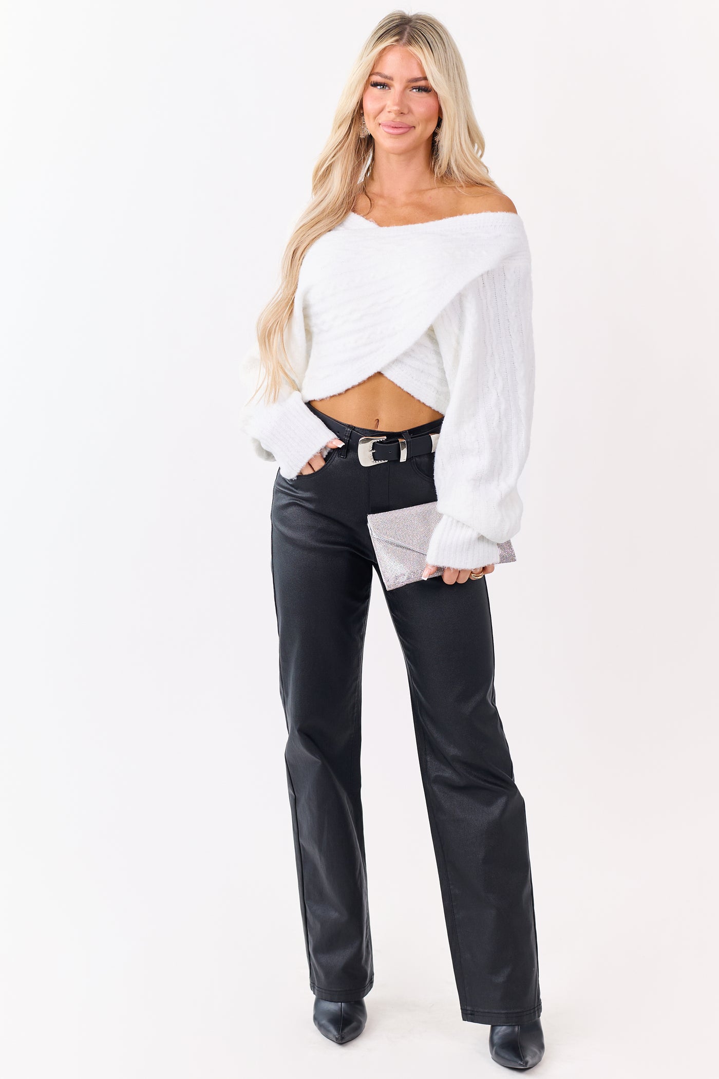 White Cable Knit Cropped Wrap Sweater