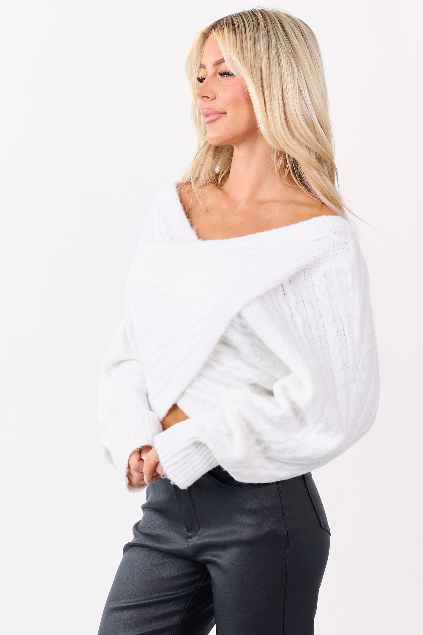 White Cable Knit Cropped Wrap Sweater