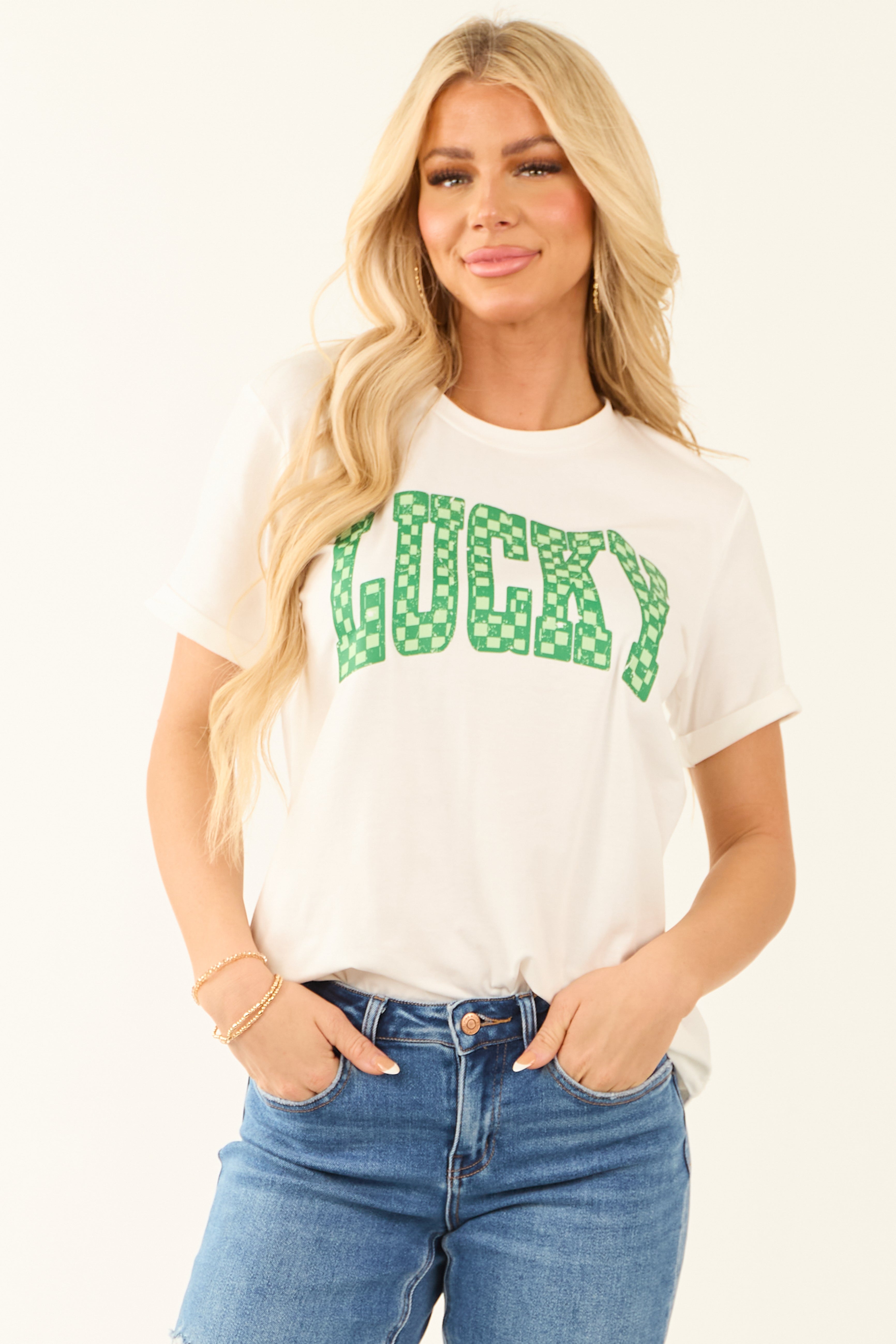 White Checkered 'Lucky' Graphic Short Sleeve Top | Lime Lush Boutique