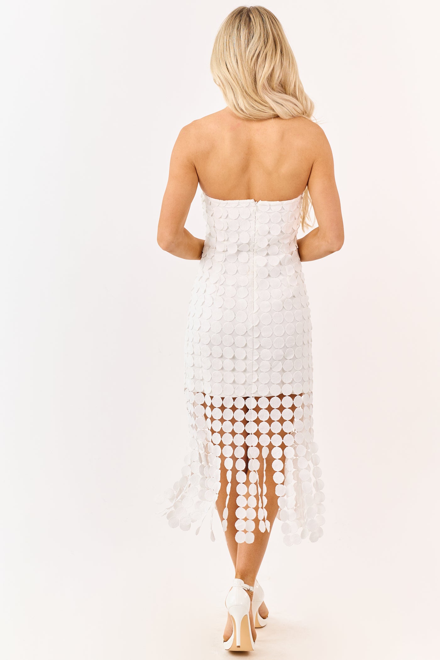White Circle Lace Fringe Overlay Strapless Mini Dress