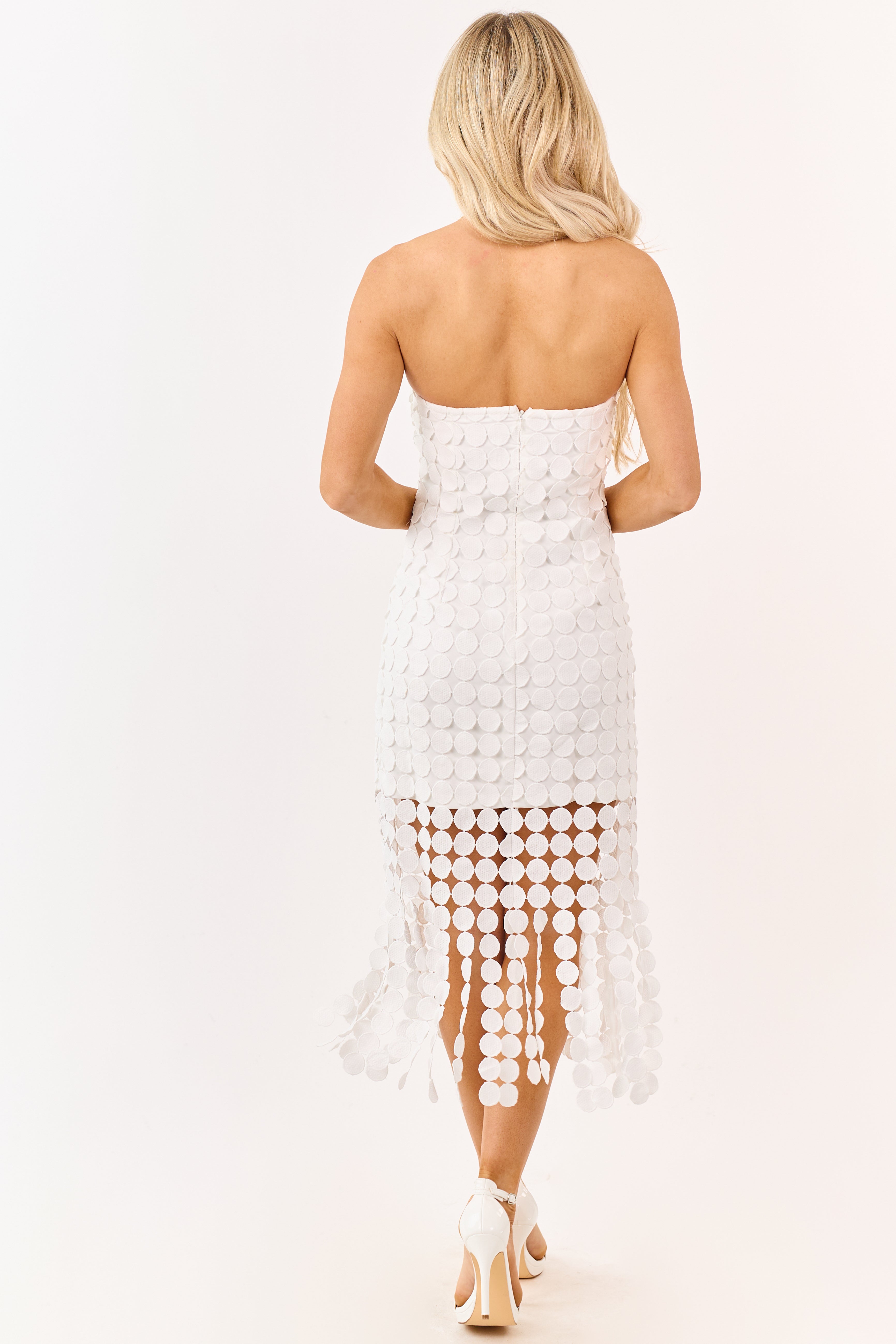 White Circle Lace Fringe Overlay Strapless Mini Dress