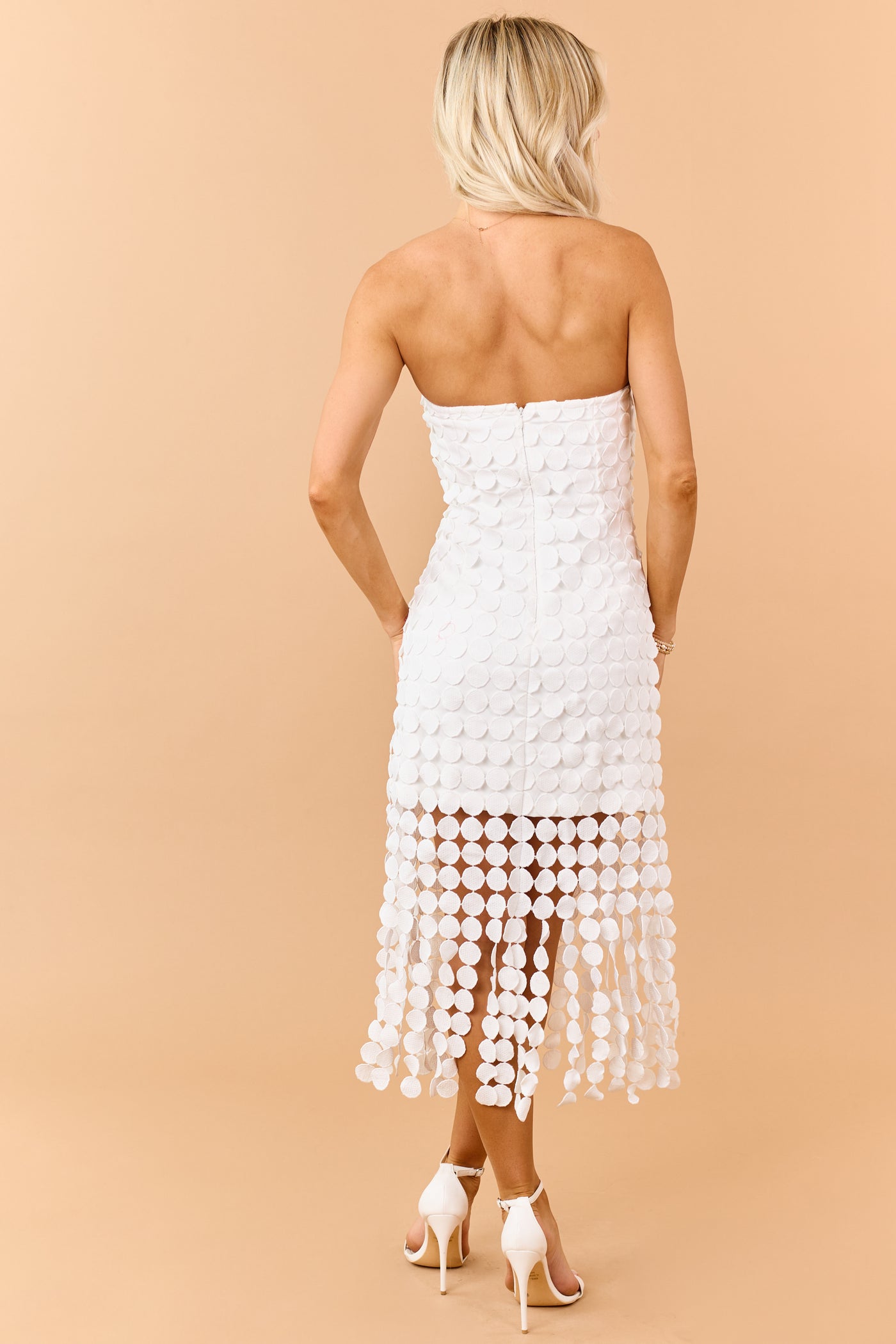 White Circle Lace Fringe Overlay Strapless Mini Dress