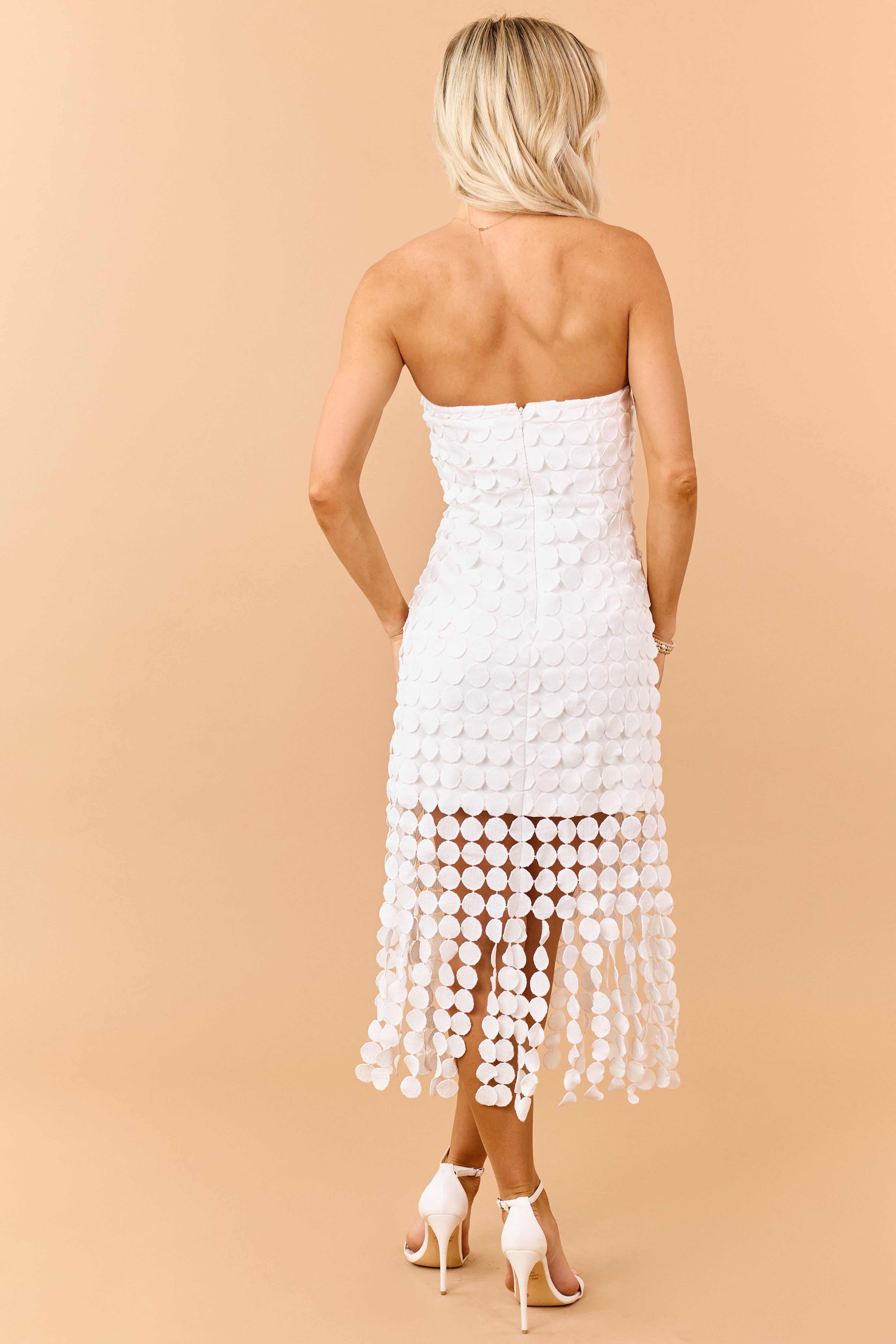 White Circle Lace Fringe Overlay Strapless Mini Dress