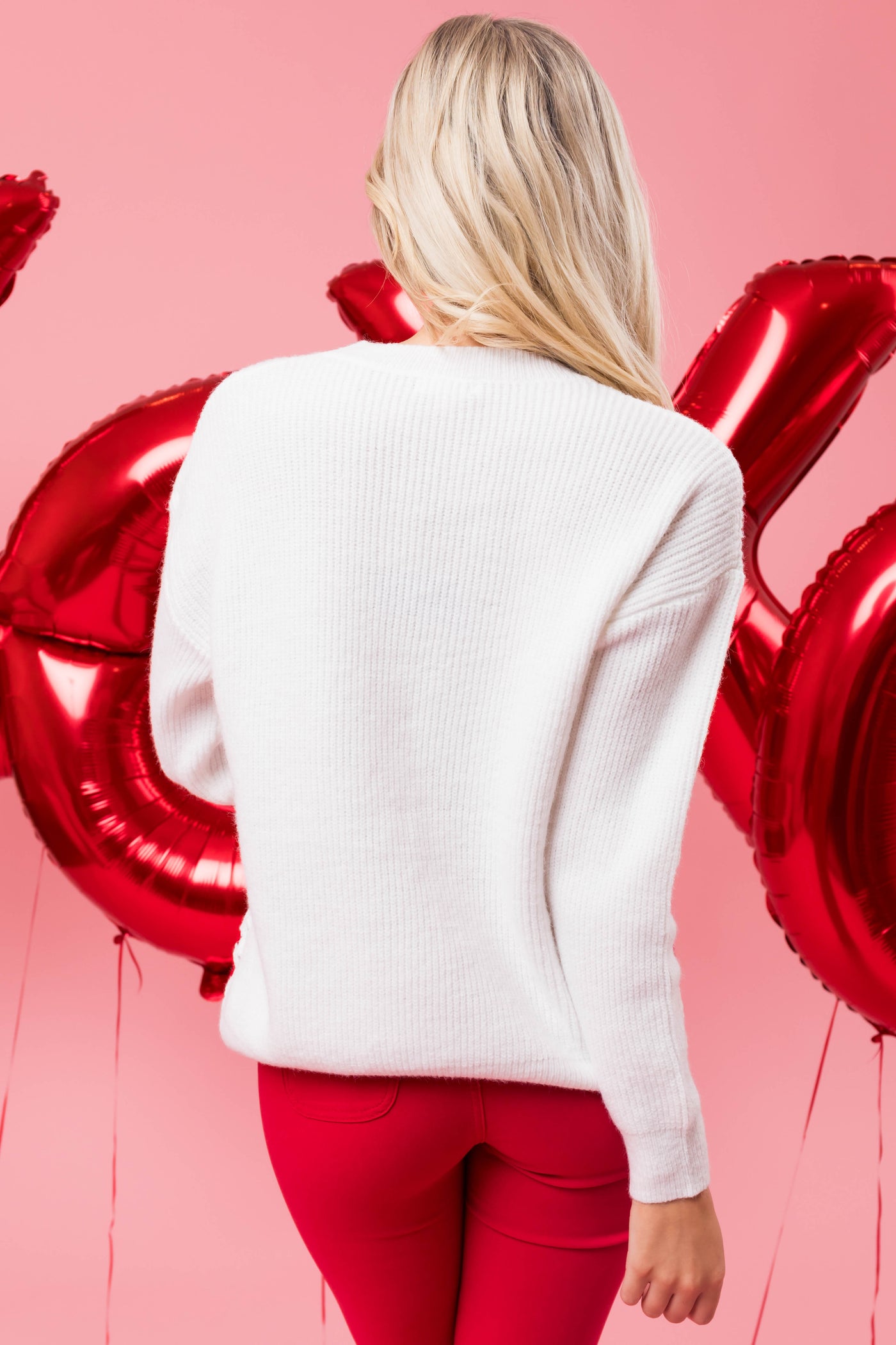 White Colorblock Open Crochet Heart Sweater