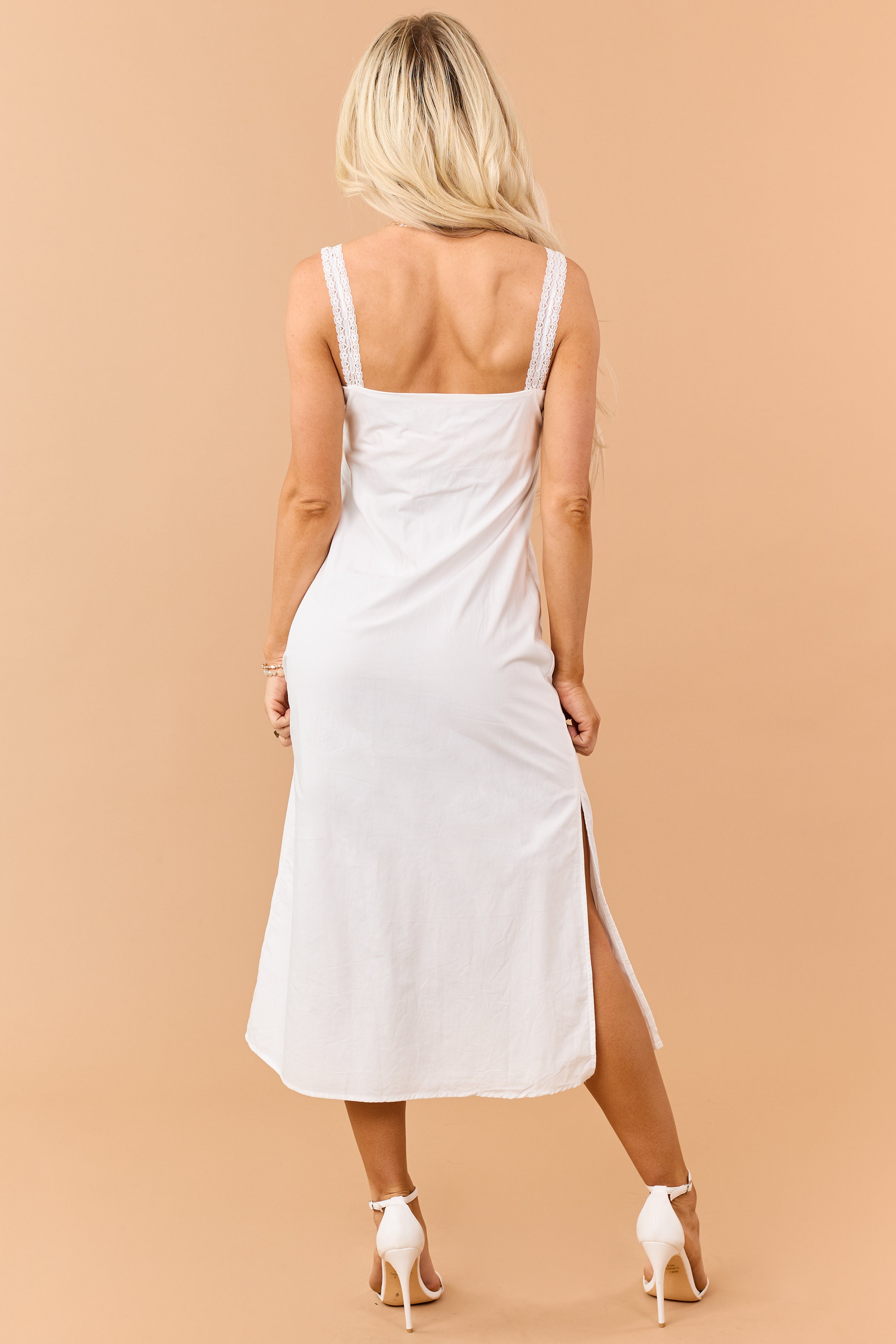White Cotton Floral Embroidered Lace Trim Midi Dress