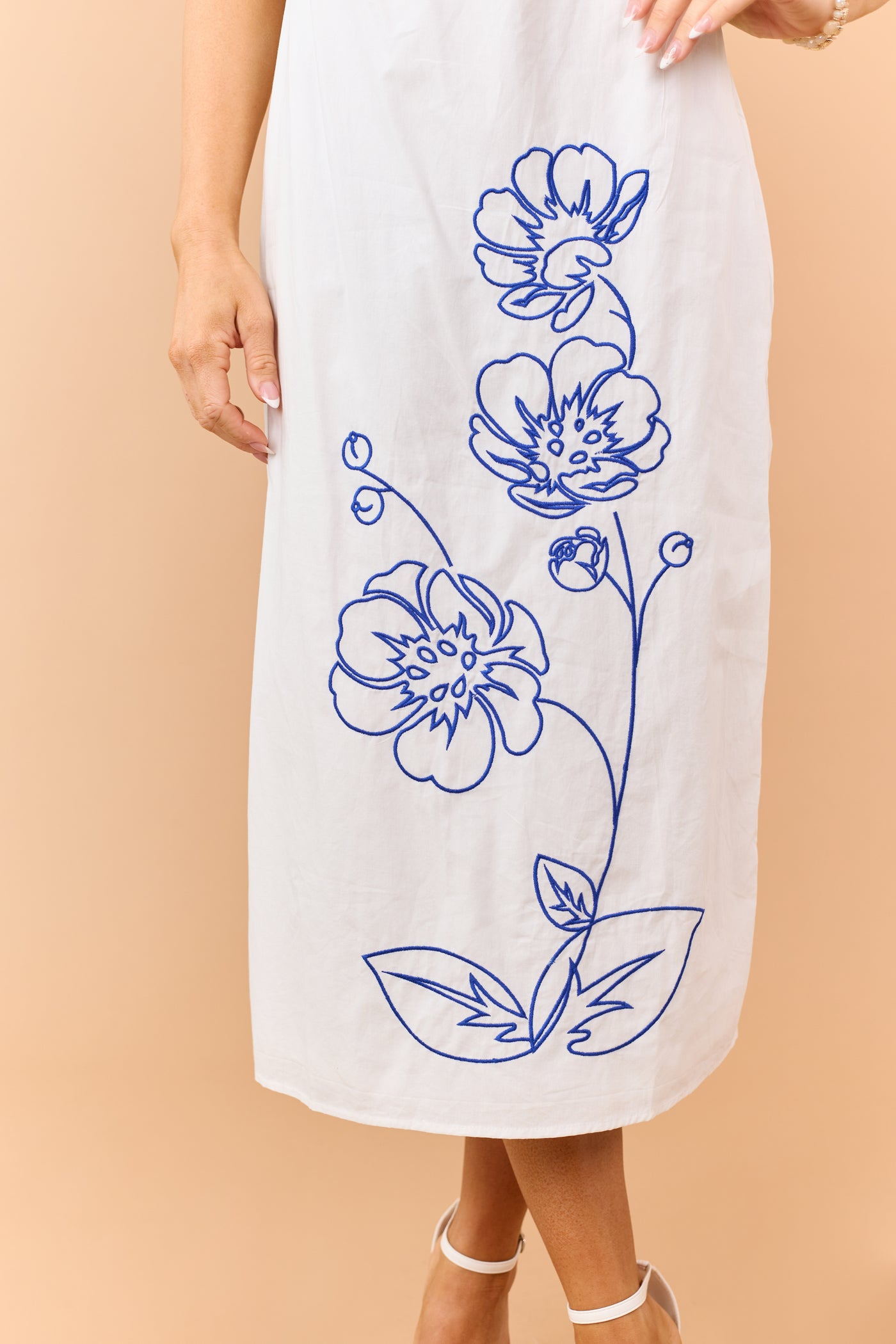 White Cotton Floral Embroidered Lace Trim Midi Dress