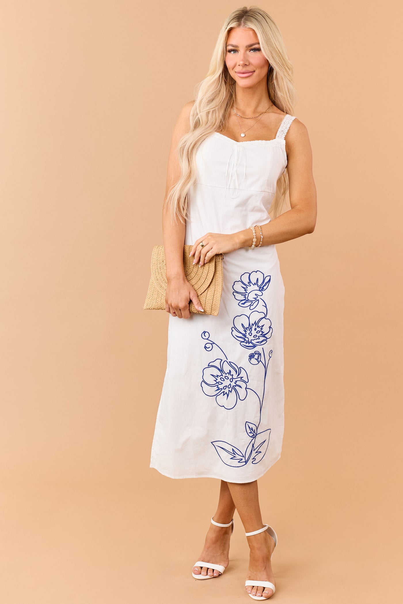 White Cotton Floral Embroidered Lace Trim Midi Dress