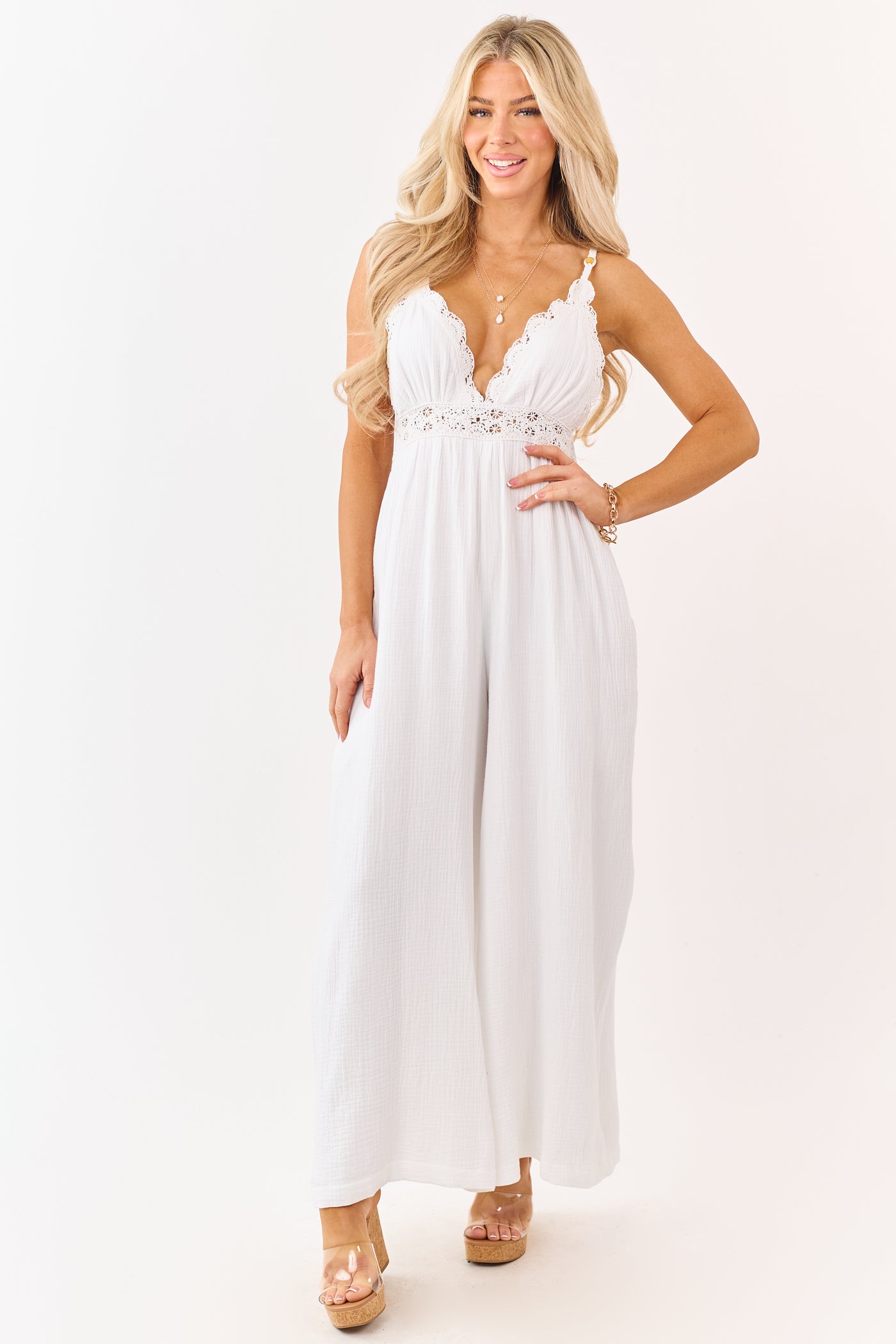 White Cotton Gauze Crochet Lace Sleeveless Jumpsuit