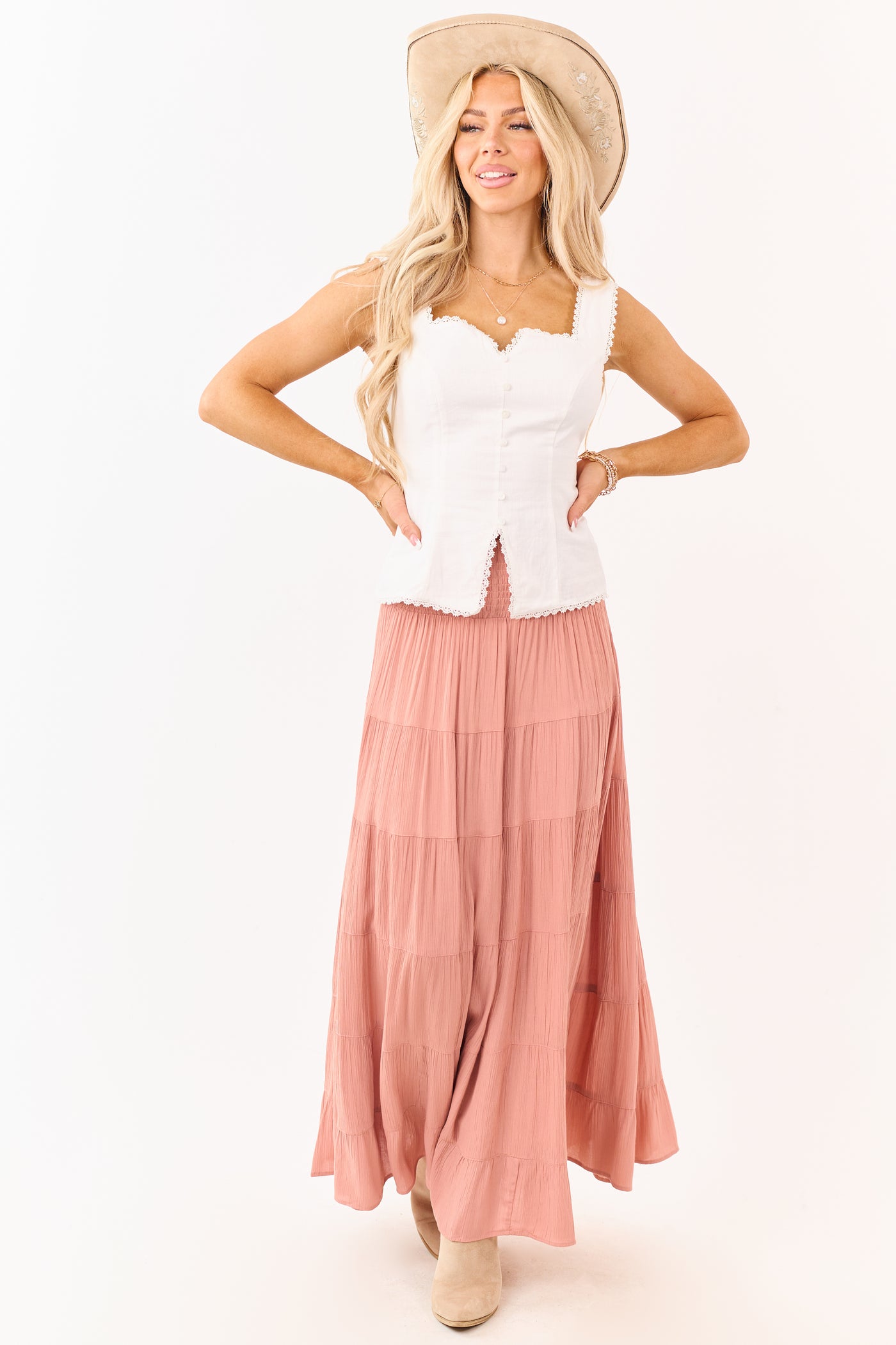 White Cotton Lace Trim Faux Button Down Tank Top