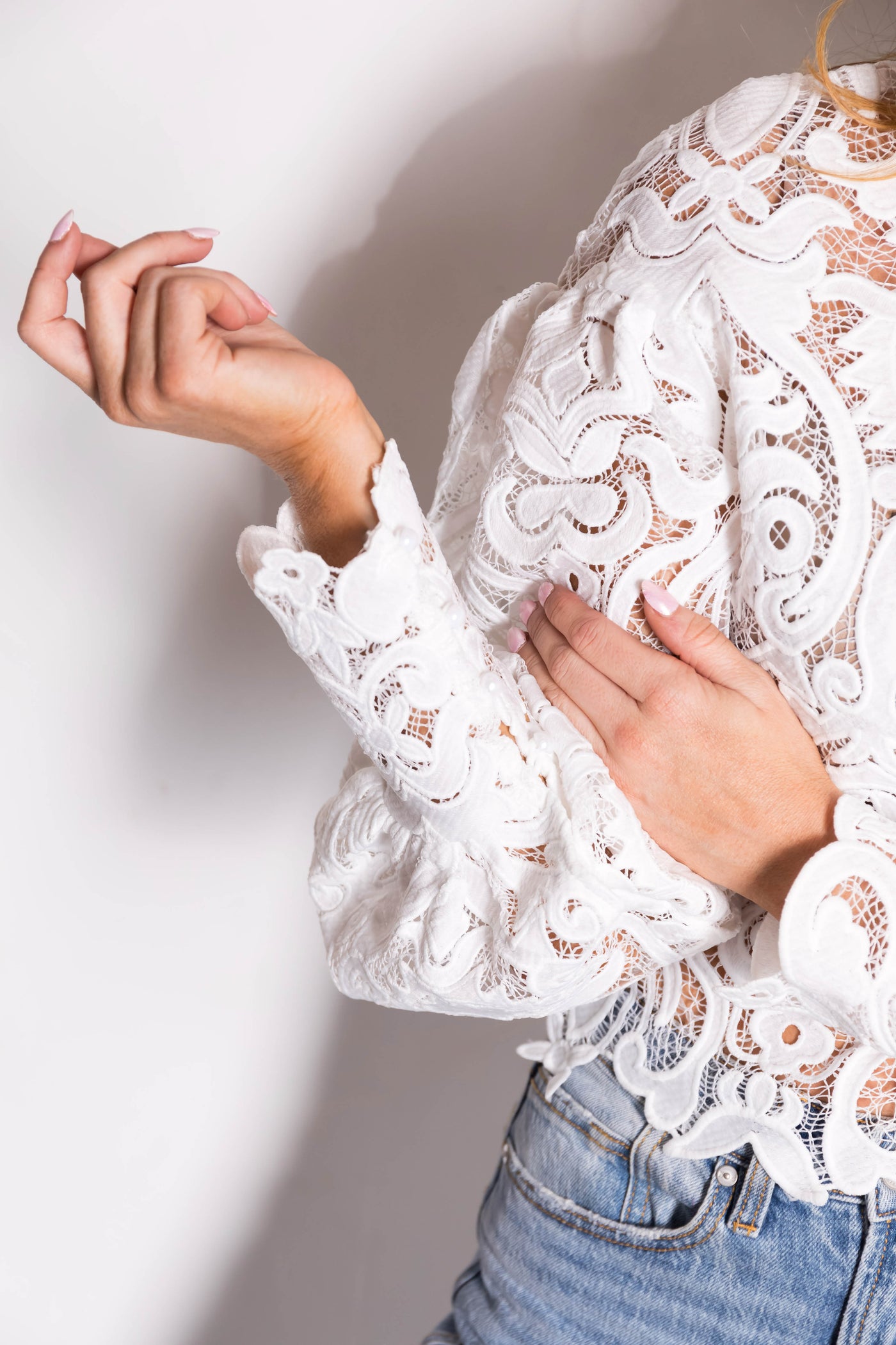 White Crochet Lace Bubble Sleeve Top
