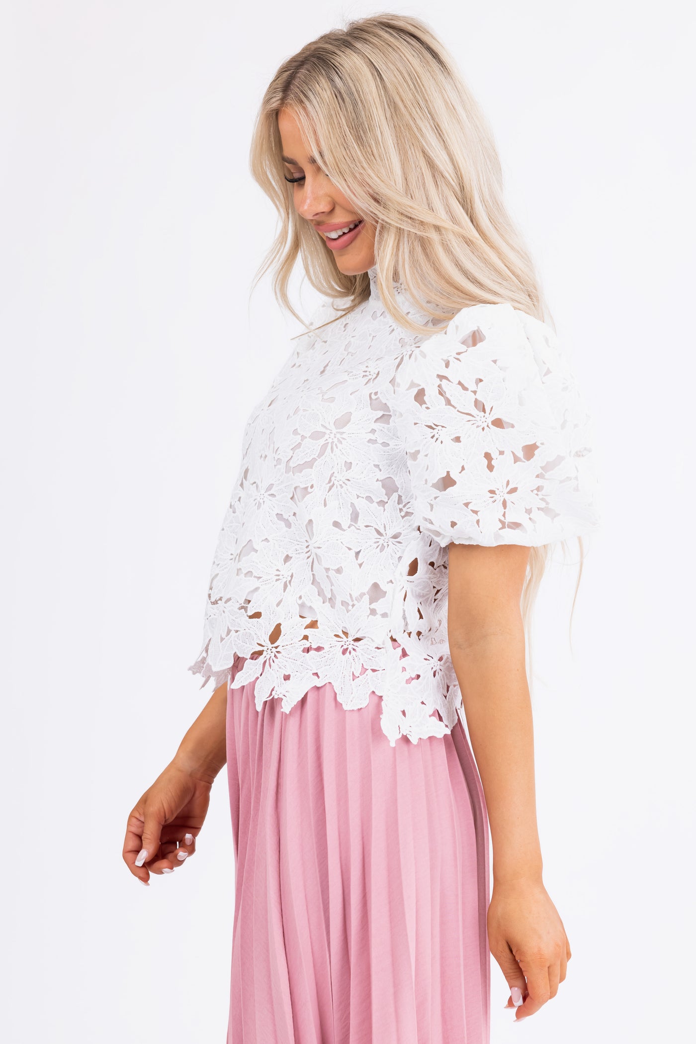 White Crochet Lace Puff Sleeve Blouse