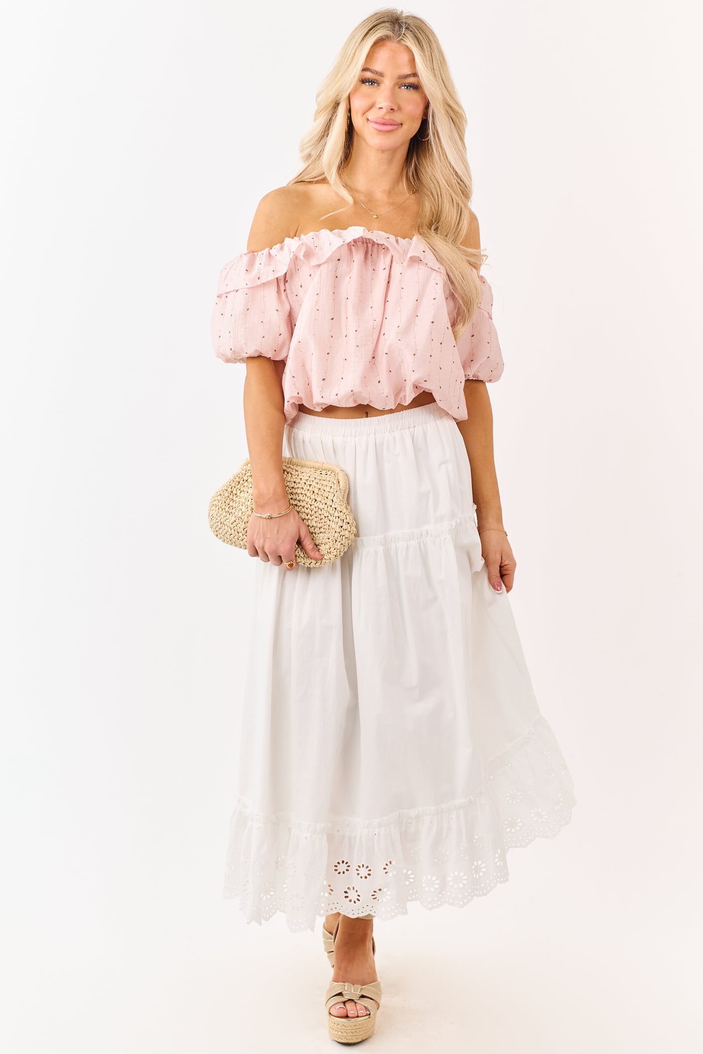 White Daisy Eyelet Hem Tiered Cotton Maxi Skirt