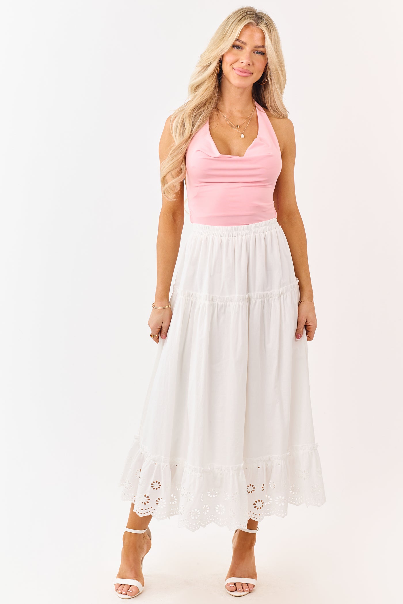 White Daisy Eyelet Hem Tiered Cotton Maxi Skirt