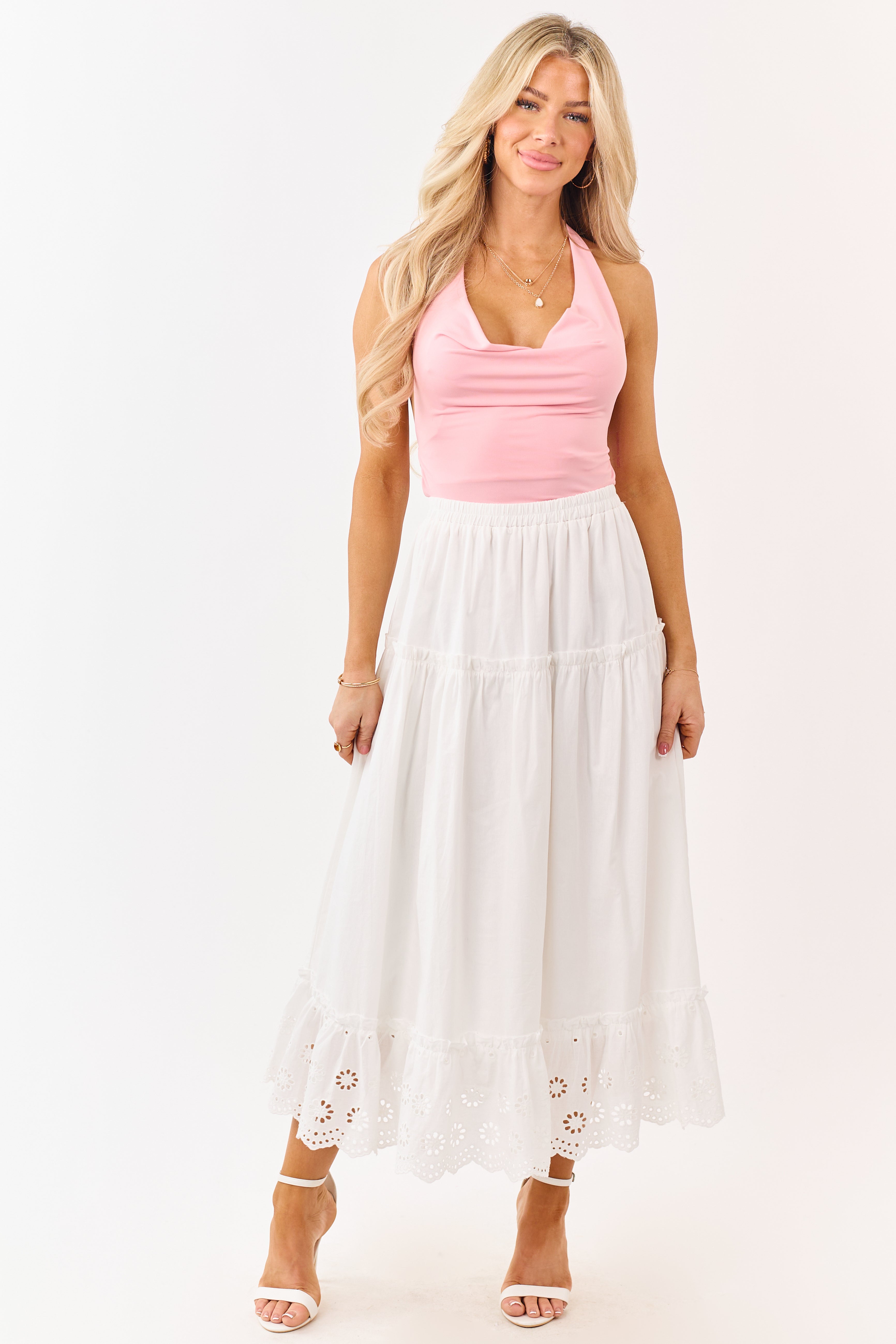 White Daisy Eyelet Hem Tiered Cotton Maxi Skirt