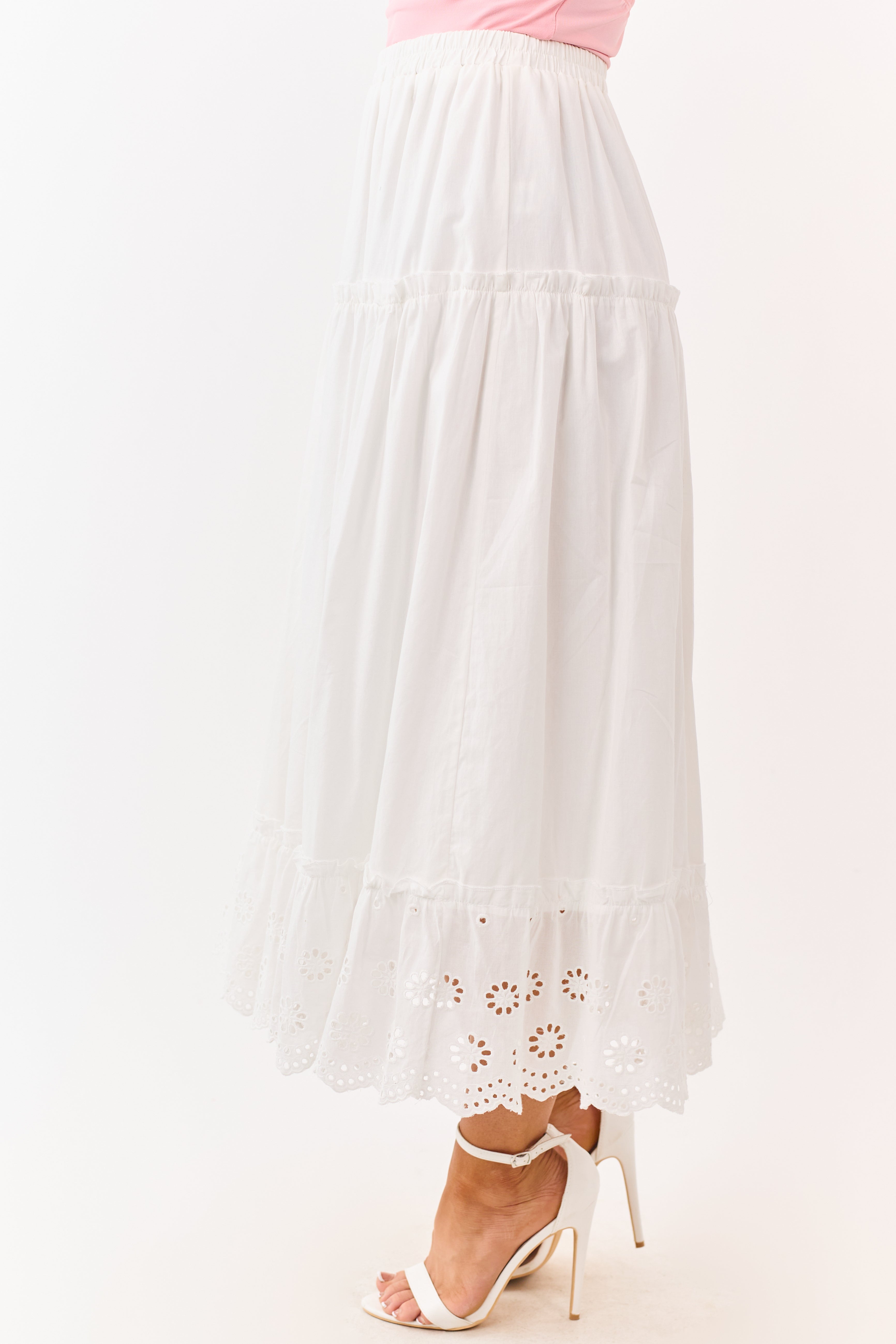 White Daisy Eyelet Hem Tiered Cotton Maxi Skirt