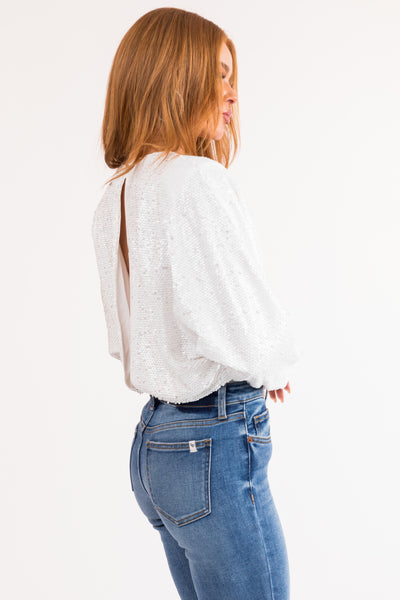 White Deep V Long Sleeve Sequined Bodysuit