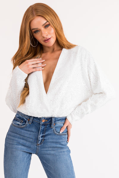 White Deep V Long Sleeve Sequined Bodysuit