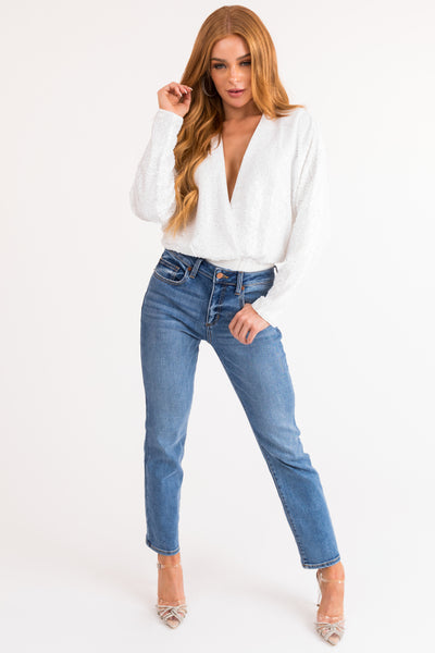 White Deep V Long Sleeve Sequined Bodysuit
