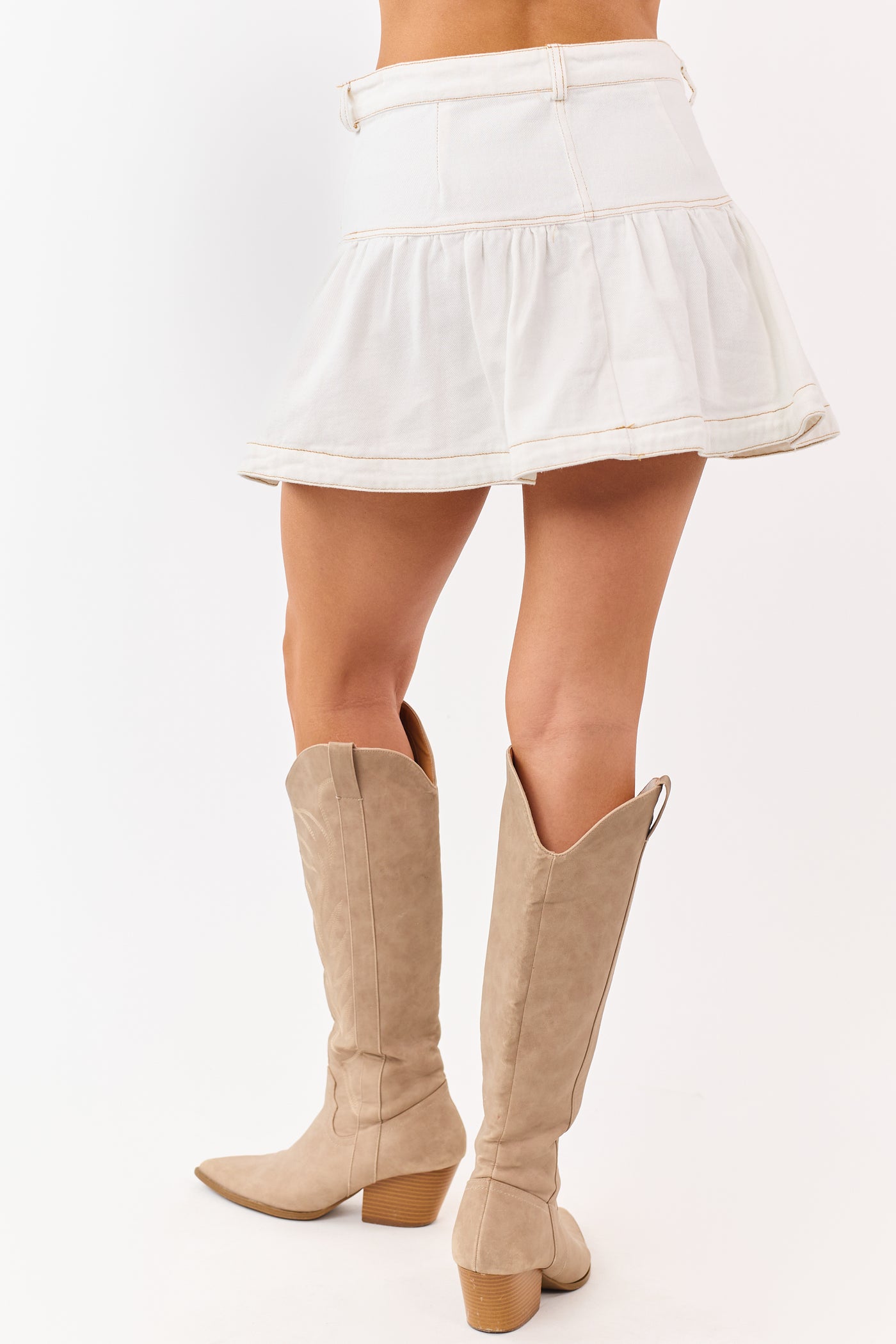 White Denim Contrast Stitch Ruffle Mini Skirt