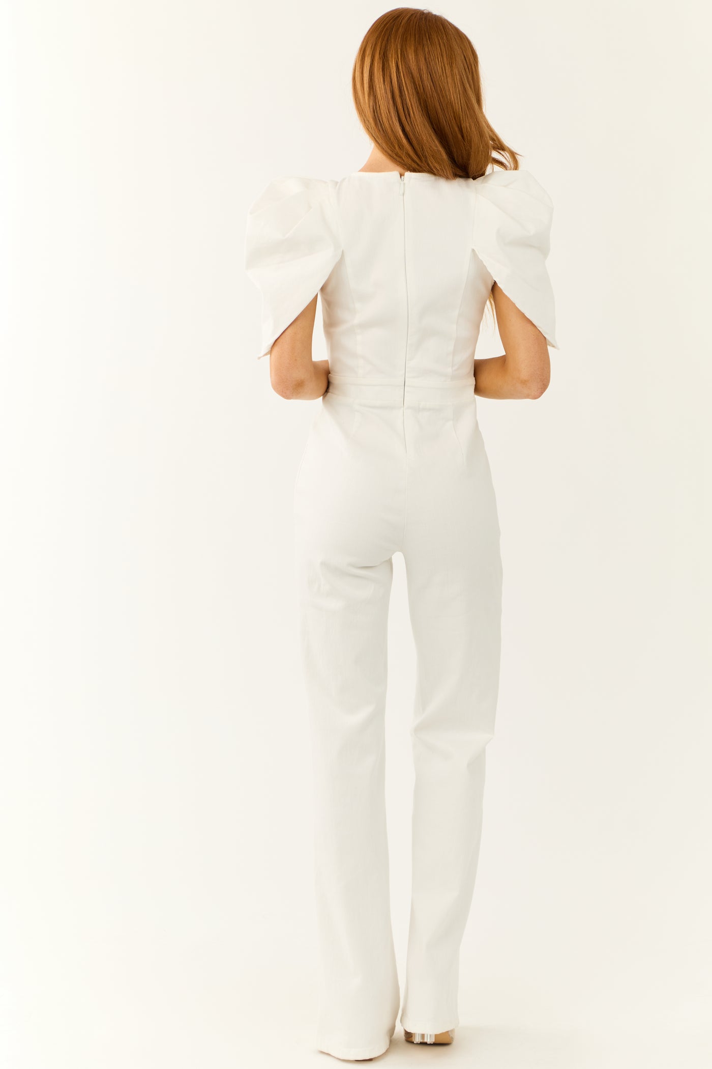 White Denim Jumpsuit with Shell Sleeves