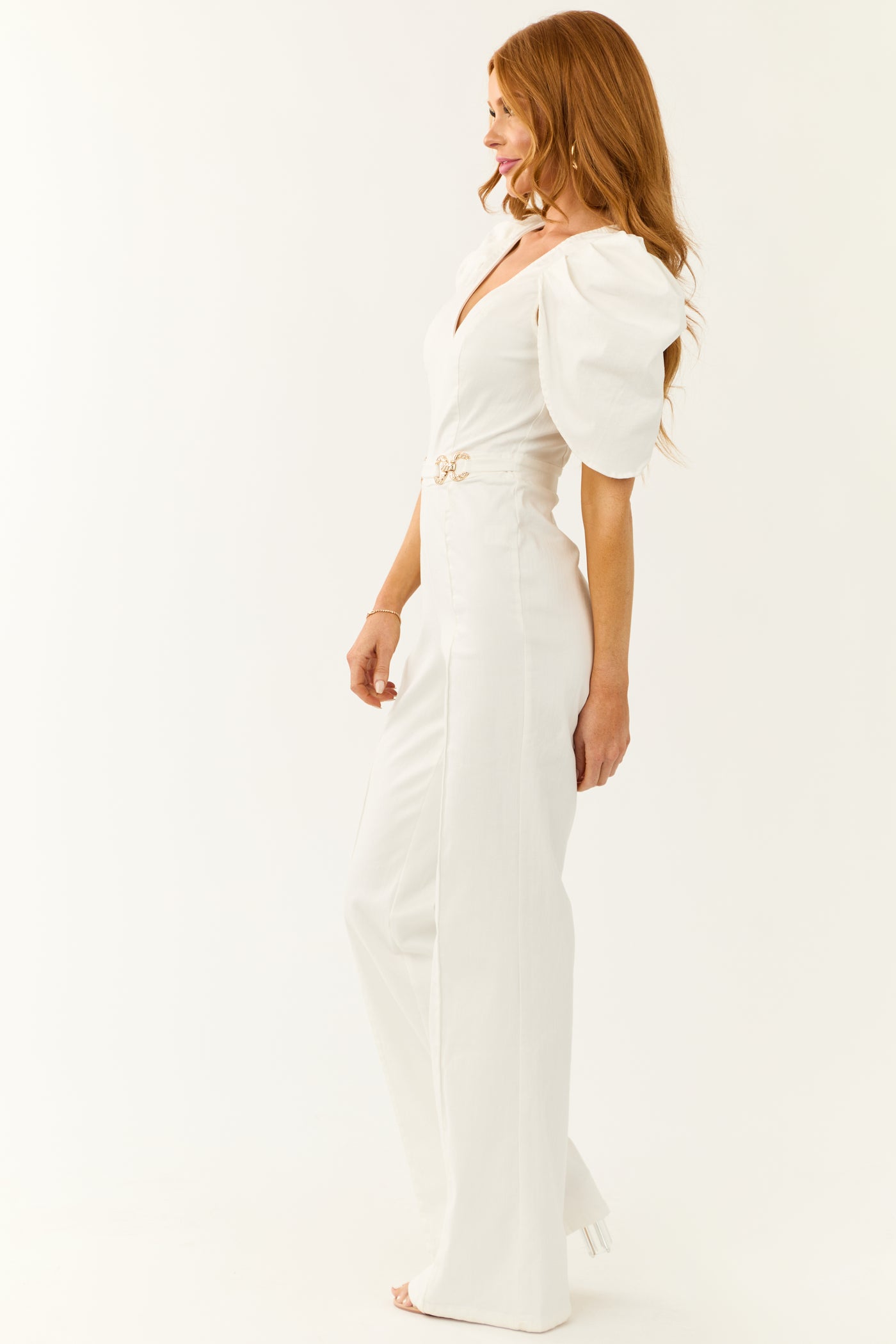 White Denim Jumpsuit with Shell Sleeves