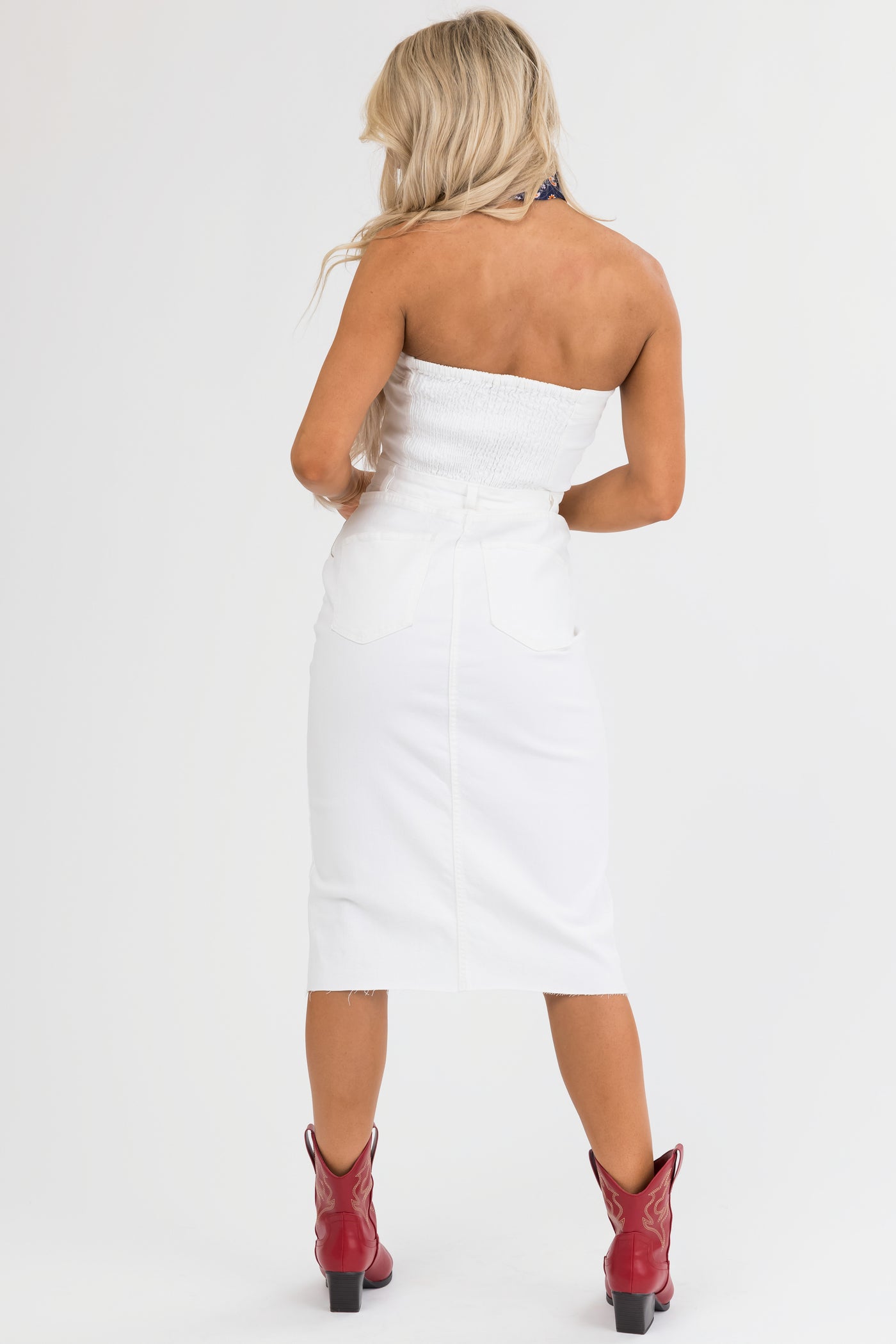 White Denim Strapless Dress with Slit