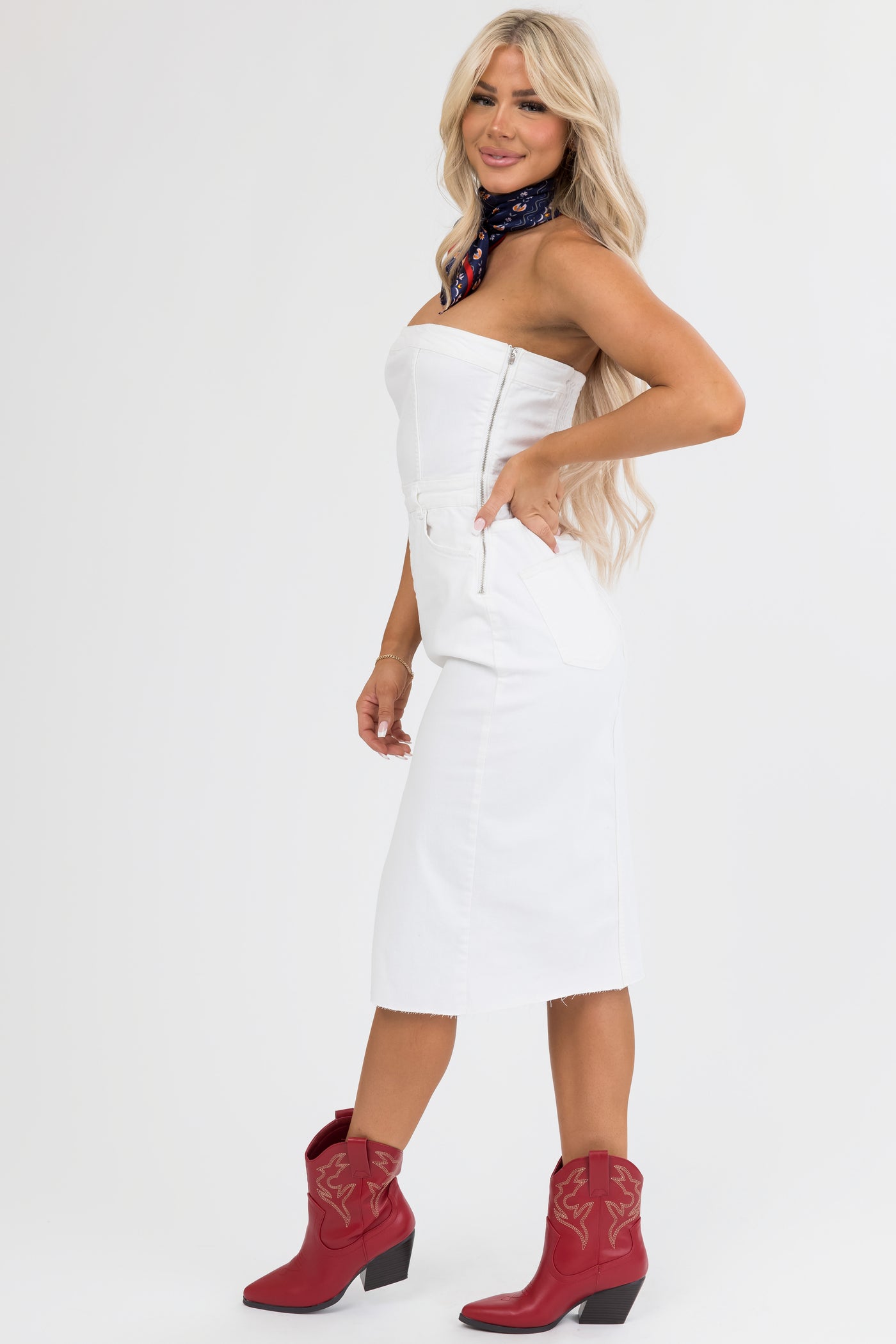 White Denim Strapless Dress with Slit
