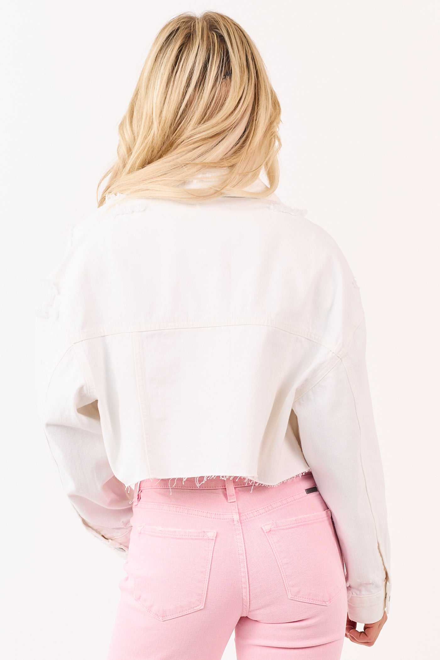 White Distressed Denim Button Down Crop Jacket