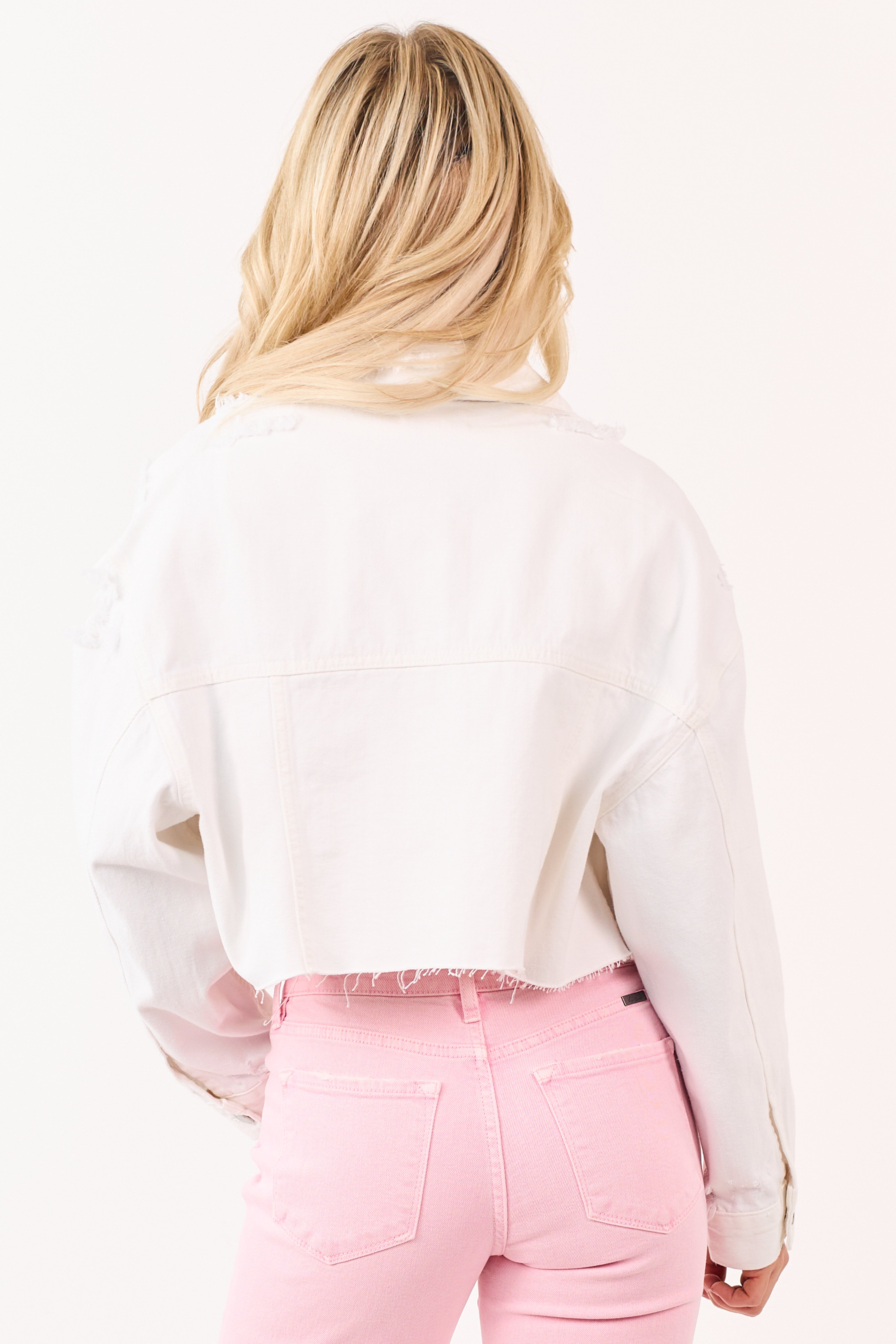 White Distressed Denim Button Down Crop Jacket