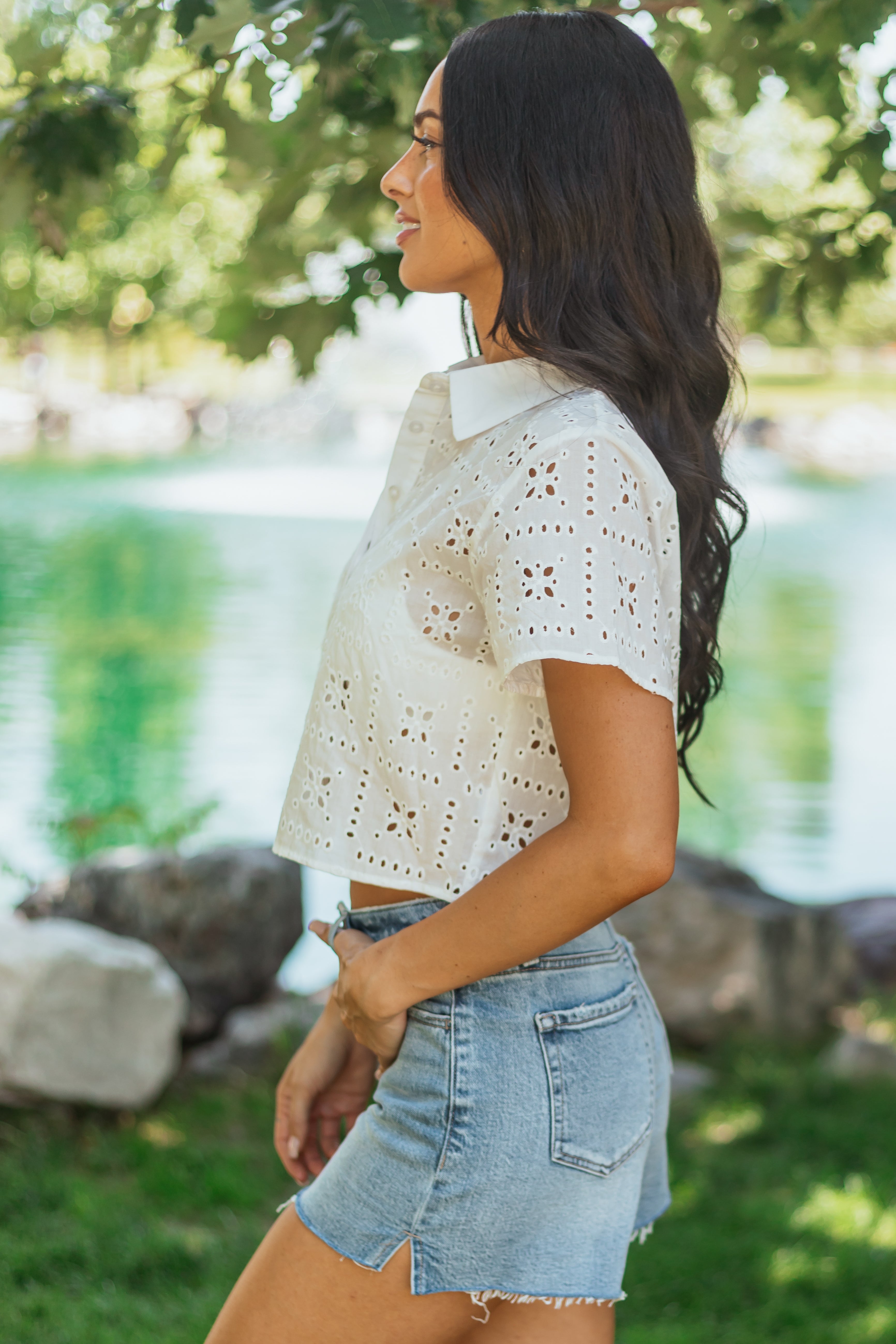 White Embroidered Eyelet Button Up Cotton Top | Lime Lush Boutique