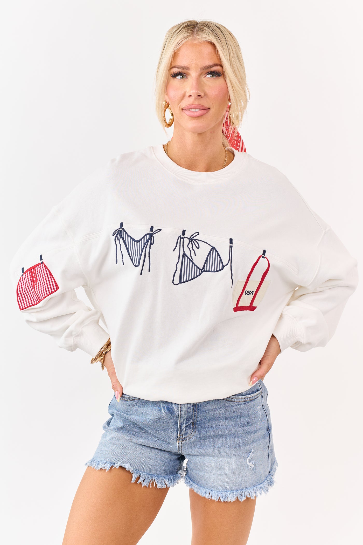 White Embroidered Swim Suit Graphic Cotton Sweatshirt