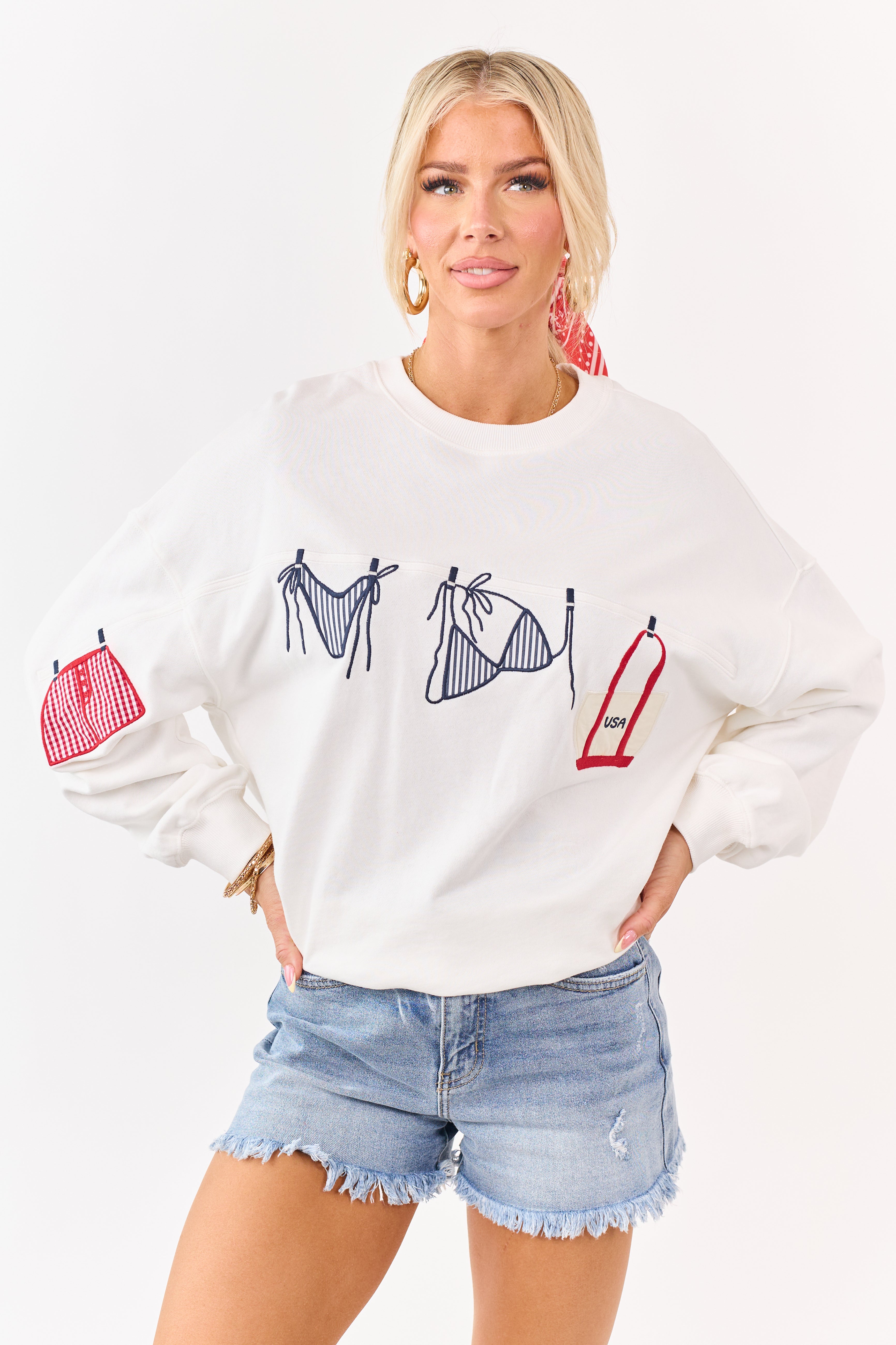 White Embroidered Swim Suit Graphic Cotton Sweatshirt