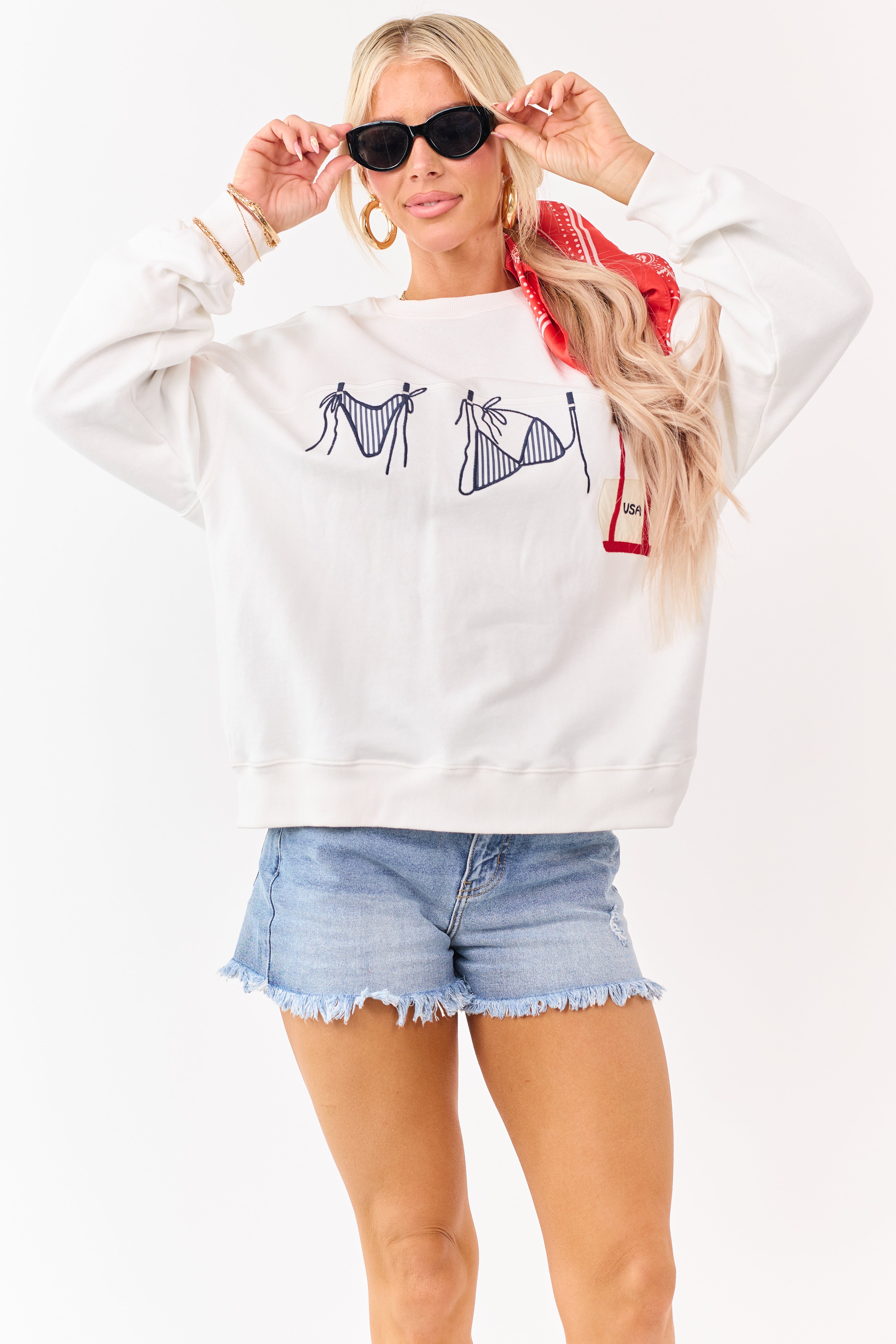 White Embroidered Swim Suit Graphic Cotton Sweatshirt