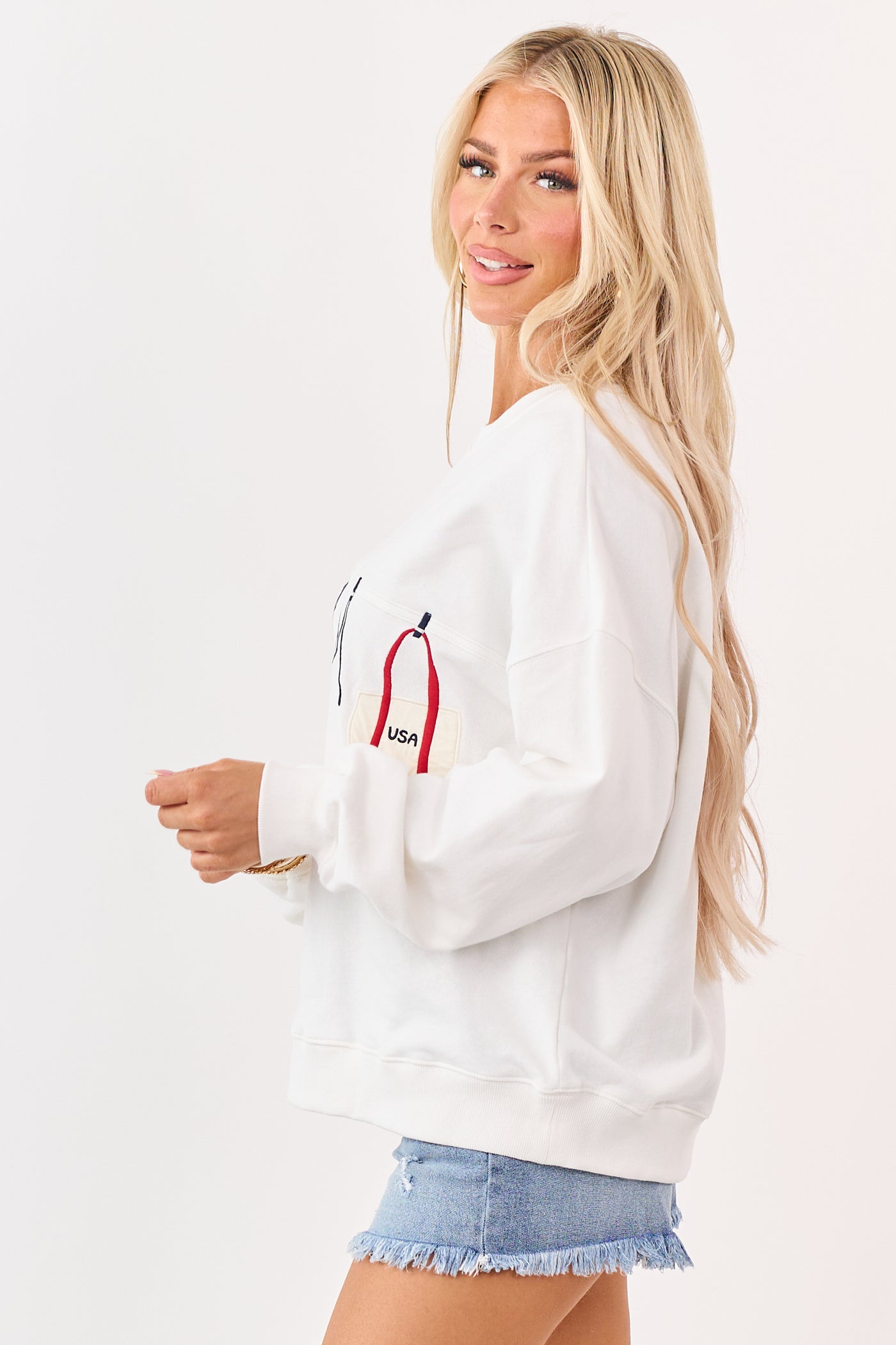 White Embroidered Swim Suit Graphic Cotton Sweatshirt