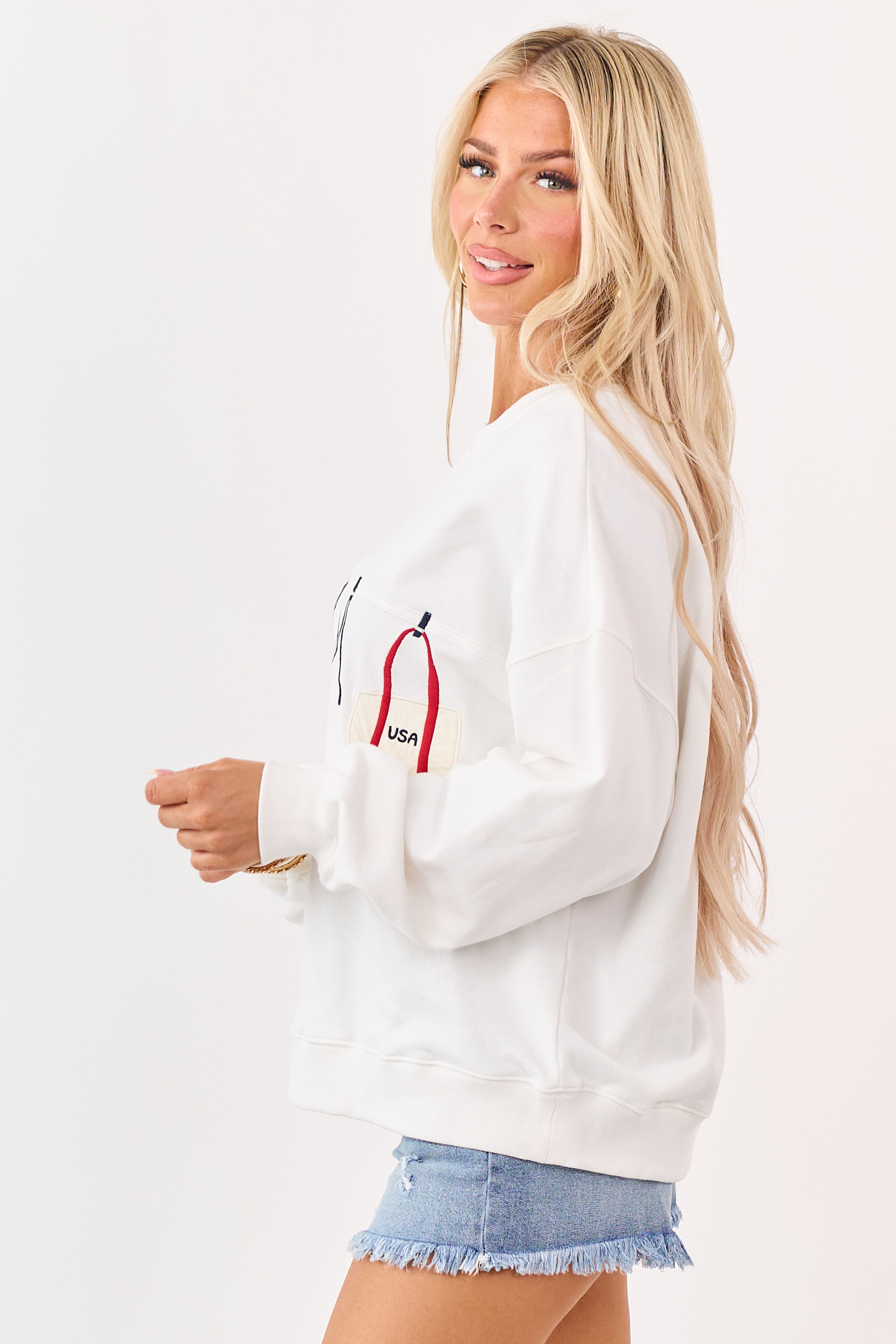 White Embroidered Swim Suit Graphic Cotton Sweatshirt