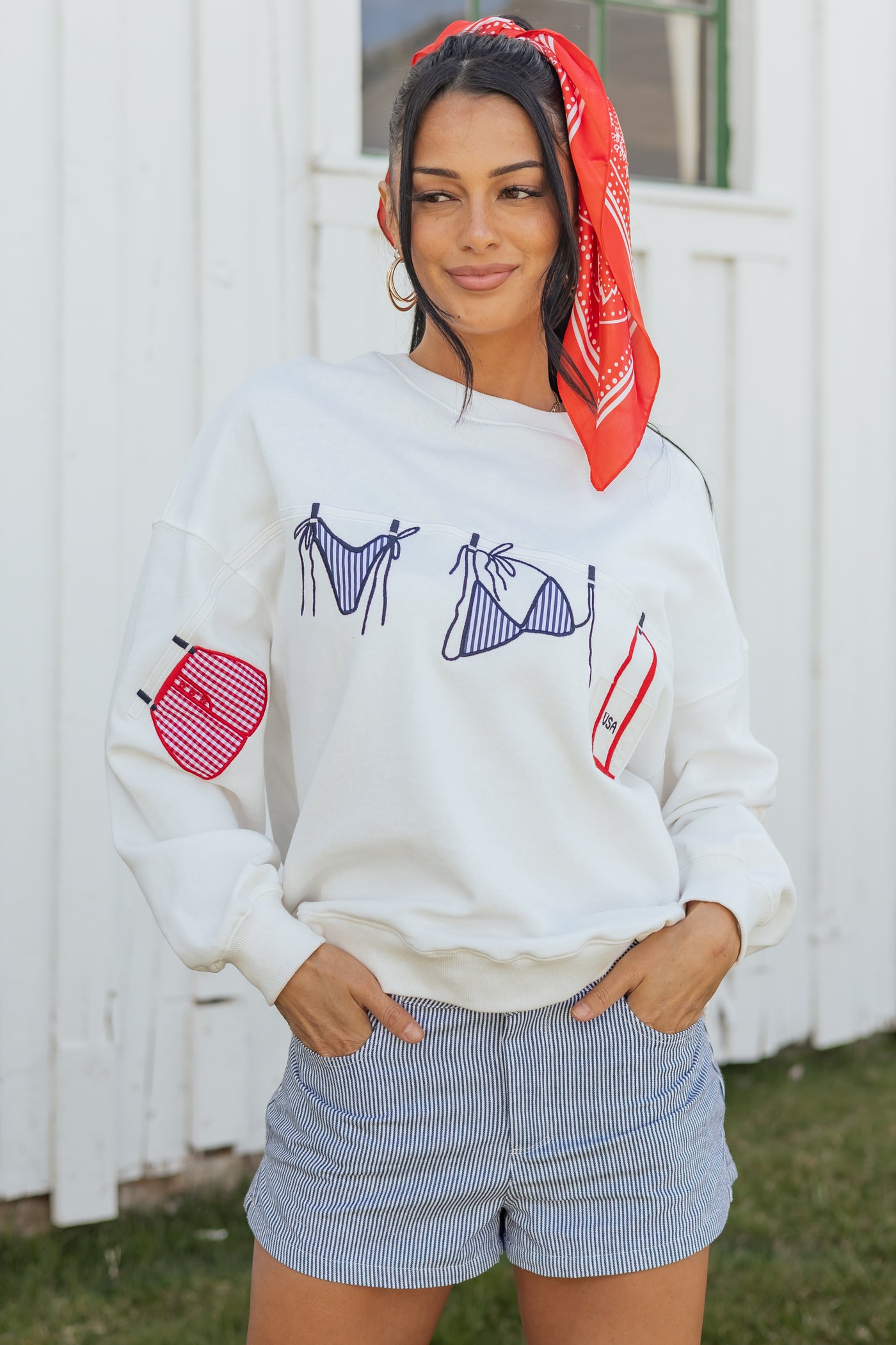 White Embroidered Swim Suit Graphic Cotton Sweatshirt
