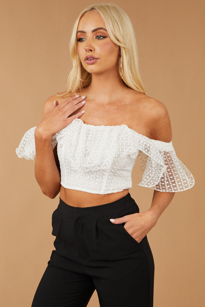 White Embroidery Detail Off Shoulder Ruffle Top