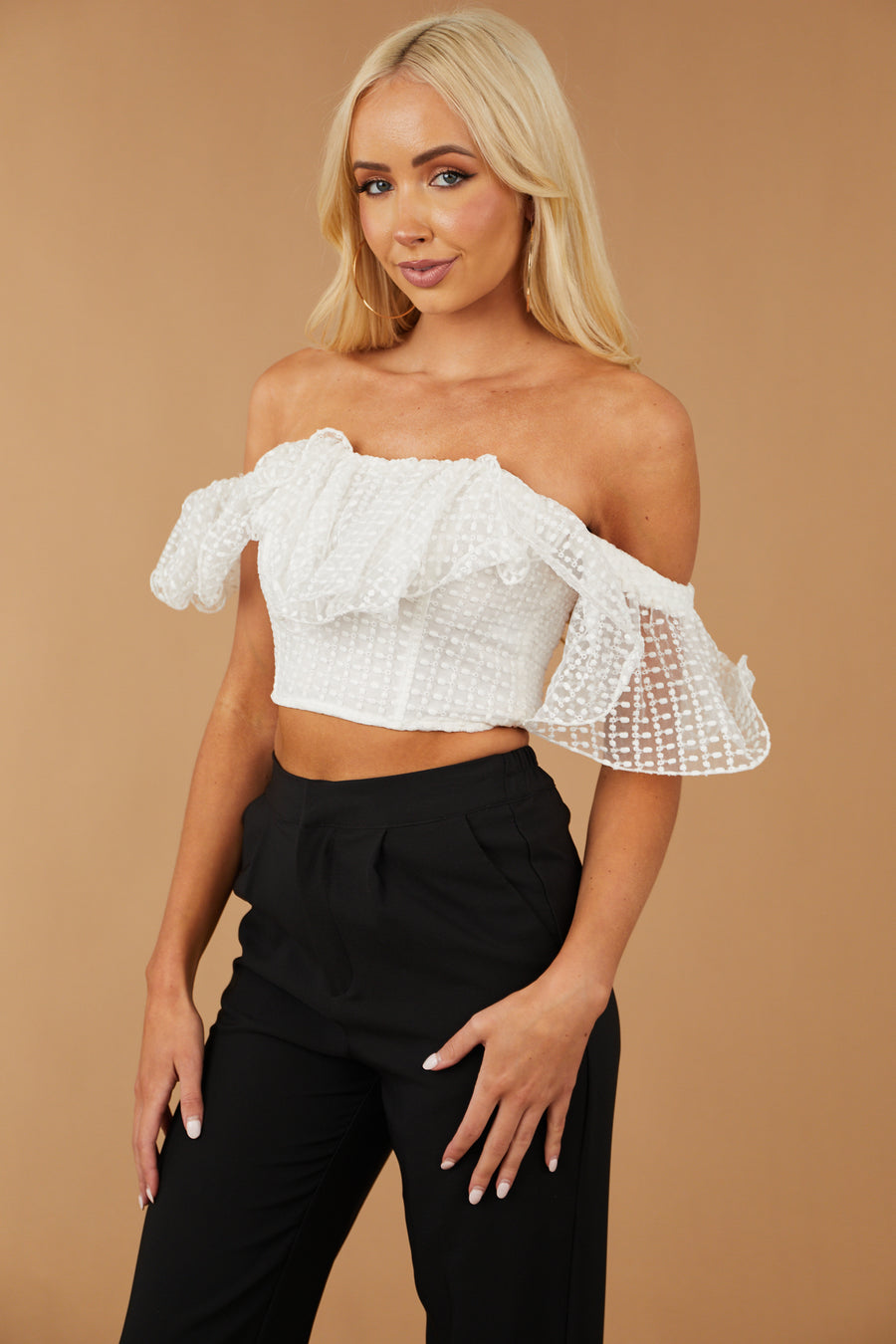 White Embroidery Detail Off Shoulder Ruffle Top