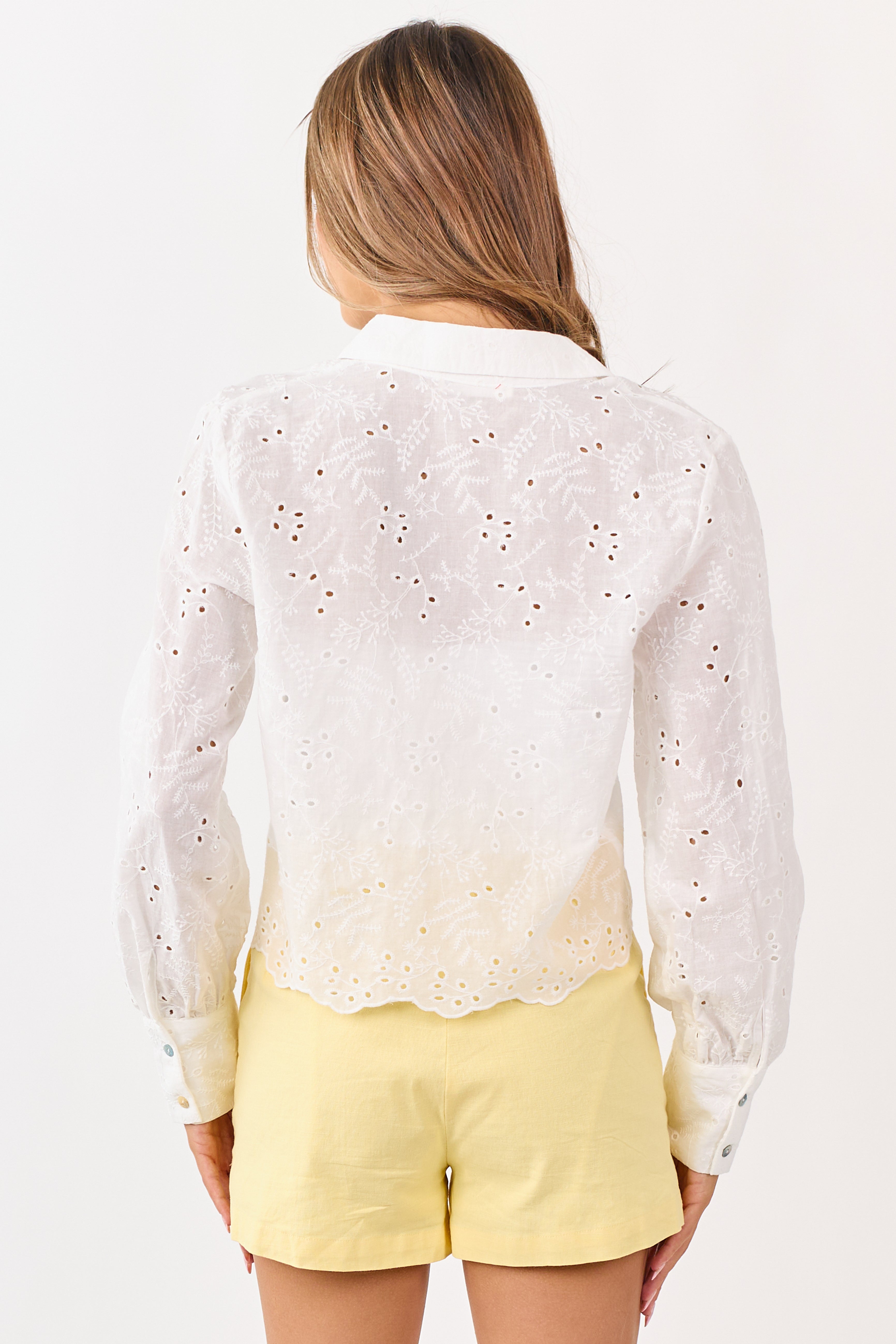 White Eyelet Button Down Scallop Hem Long Sleeve Top