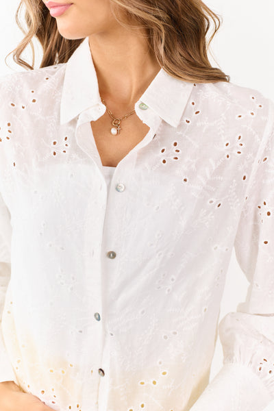 White Eyelet Button Down Scallop Hem Long Sleeve Top