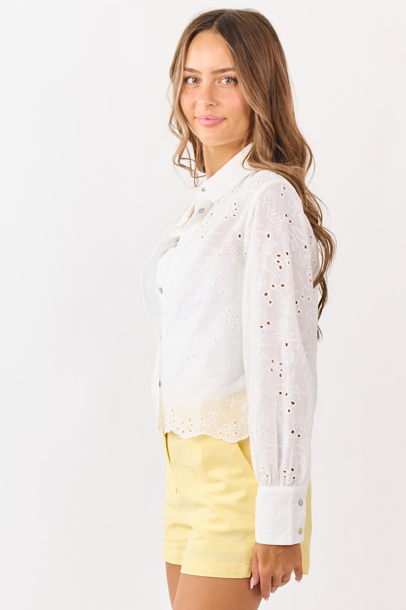 White Eyelet Button Down Scallop Hem Long Sleeve Top