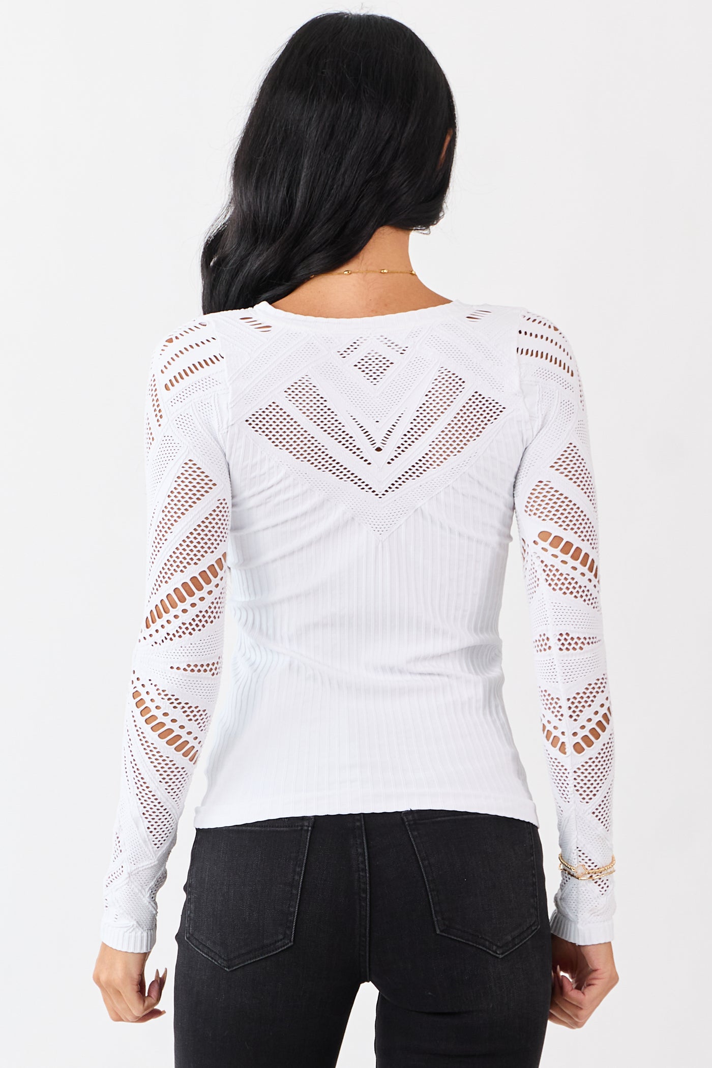 White Eyelet Sleeve Round Neck Knit Top