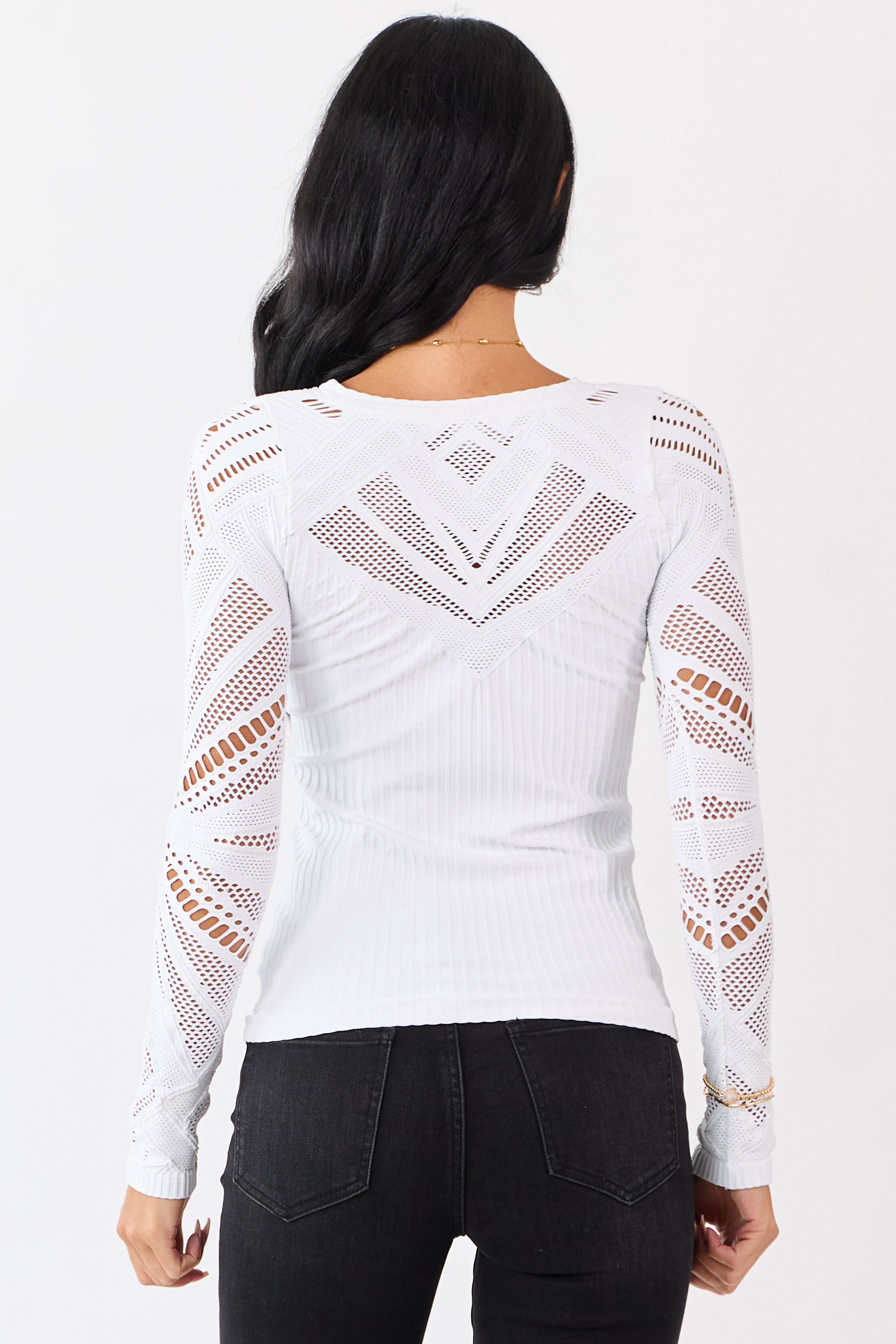 White Eyelet Sleeve Round Neck Knit Top