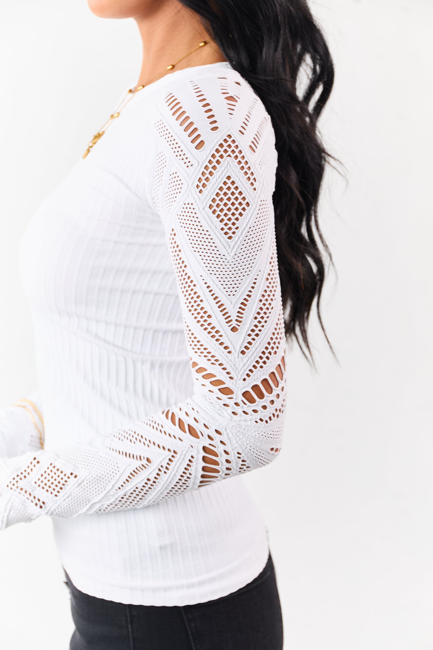 White Eyelet Sleeve Round Neck Knit Top