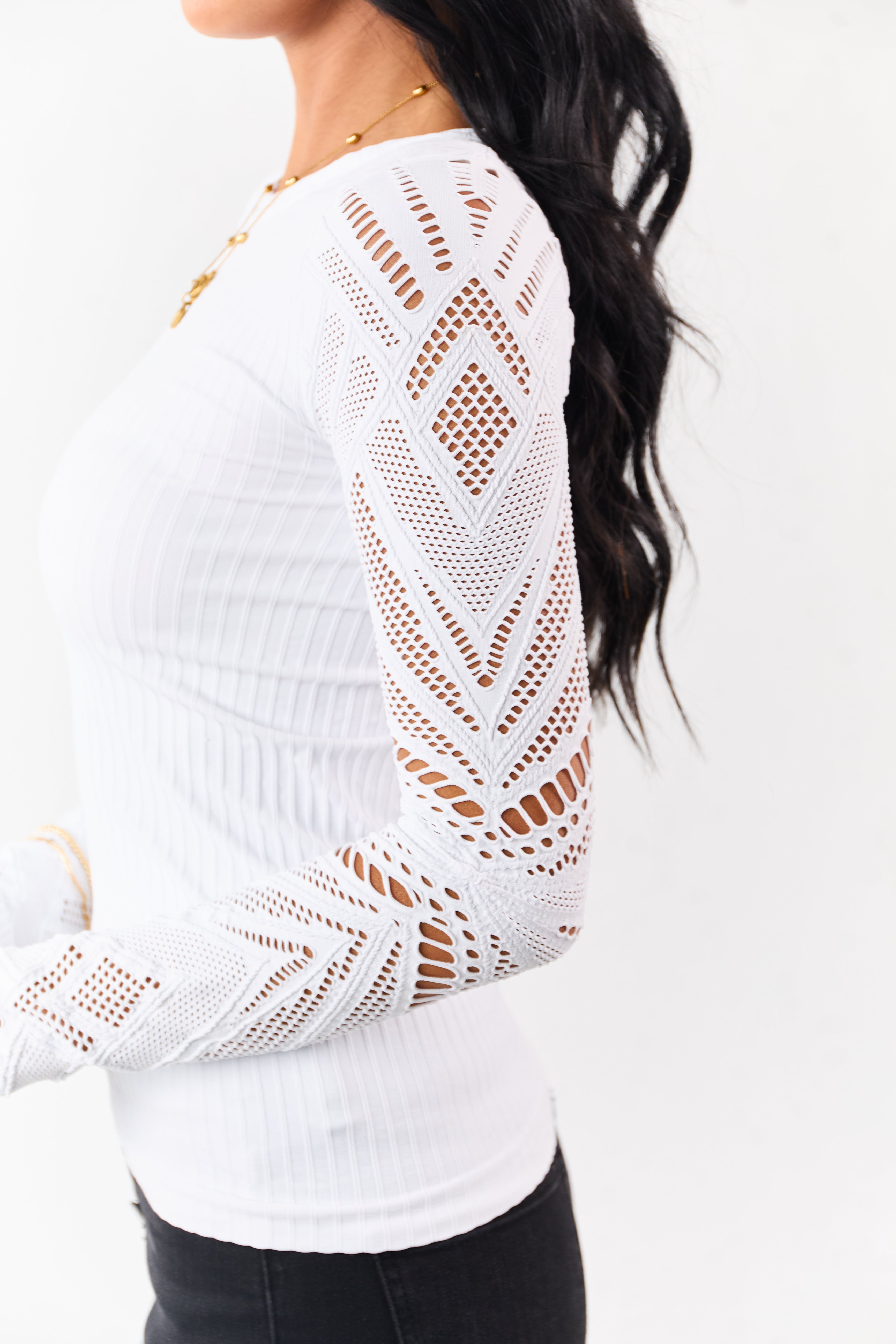 White Eyelet Sleeve Round Neck Knit Top