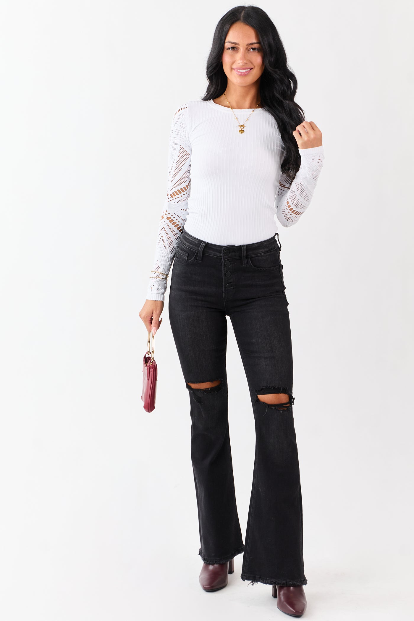 White Eyelet Sleeve Round Neck Knit Top