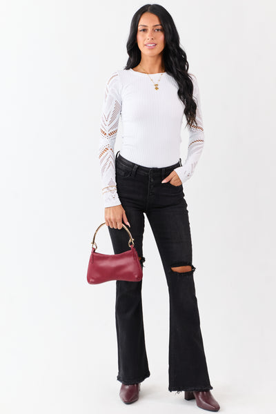 White Eyelet Sleeve Round Neck Knit Top