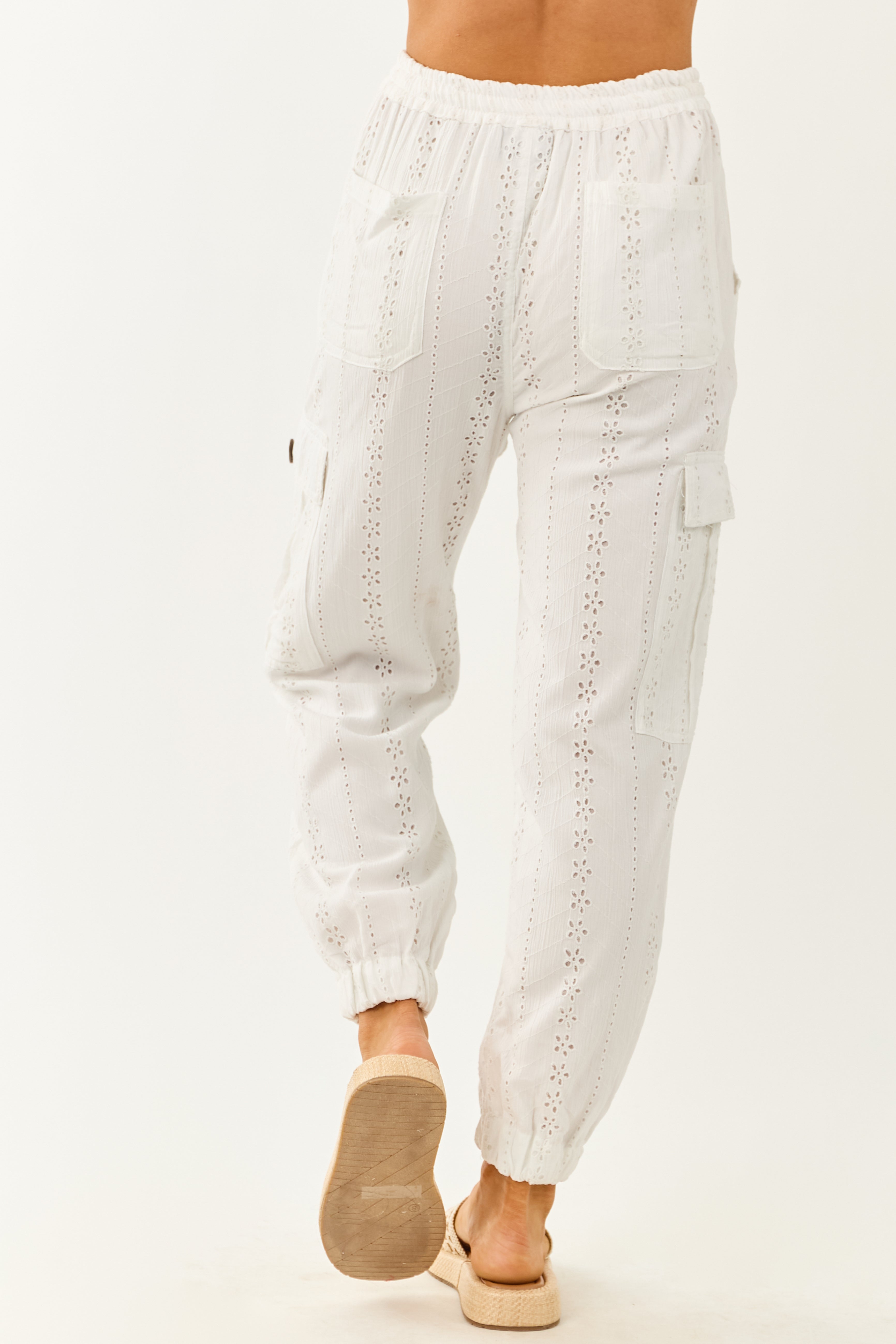 White Eyelet Lace Drawstring Cargo Jogger Pants