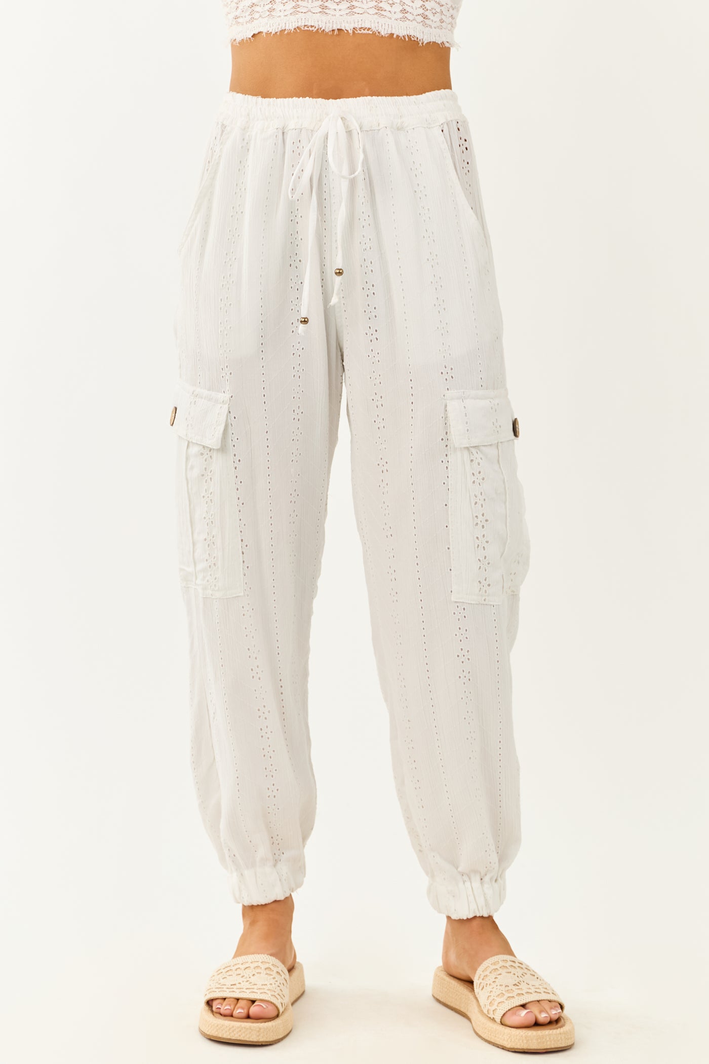 White Eyelet Lace Drawstring Cargo Jogger Pants